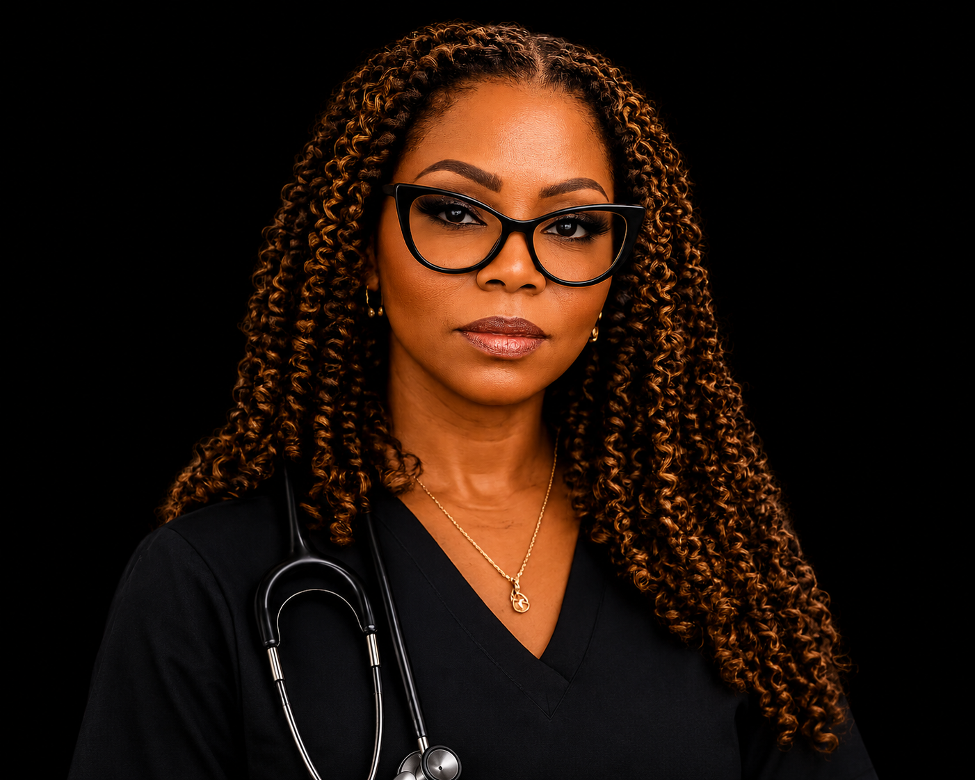 A professional woman with long curly hair, wearing glasses, a stethoscope, and a medical uniform, against a black background.