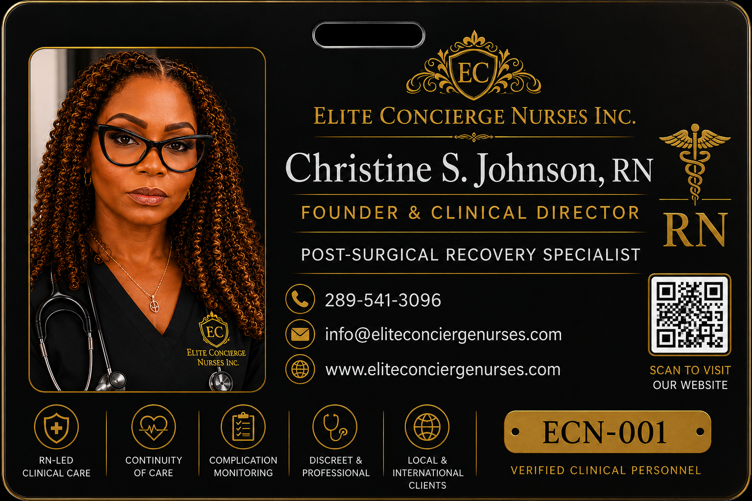 Business card for Christine S. Johnson, RN, Founder & Clinical Director of Elite Concierge Nurses Inc. Features her photo, contact info, and icons representing clinical care, continuity of care, complication monitoring, professionalism, and international clients.