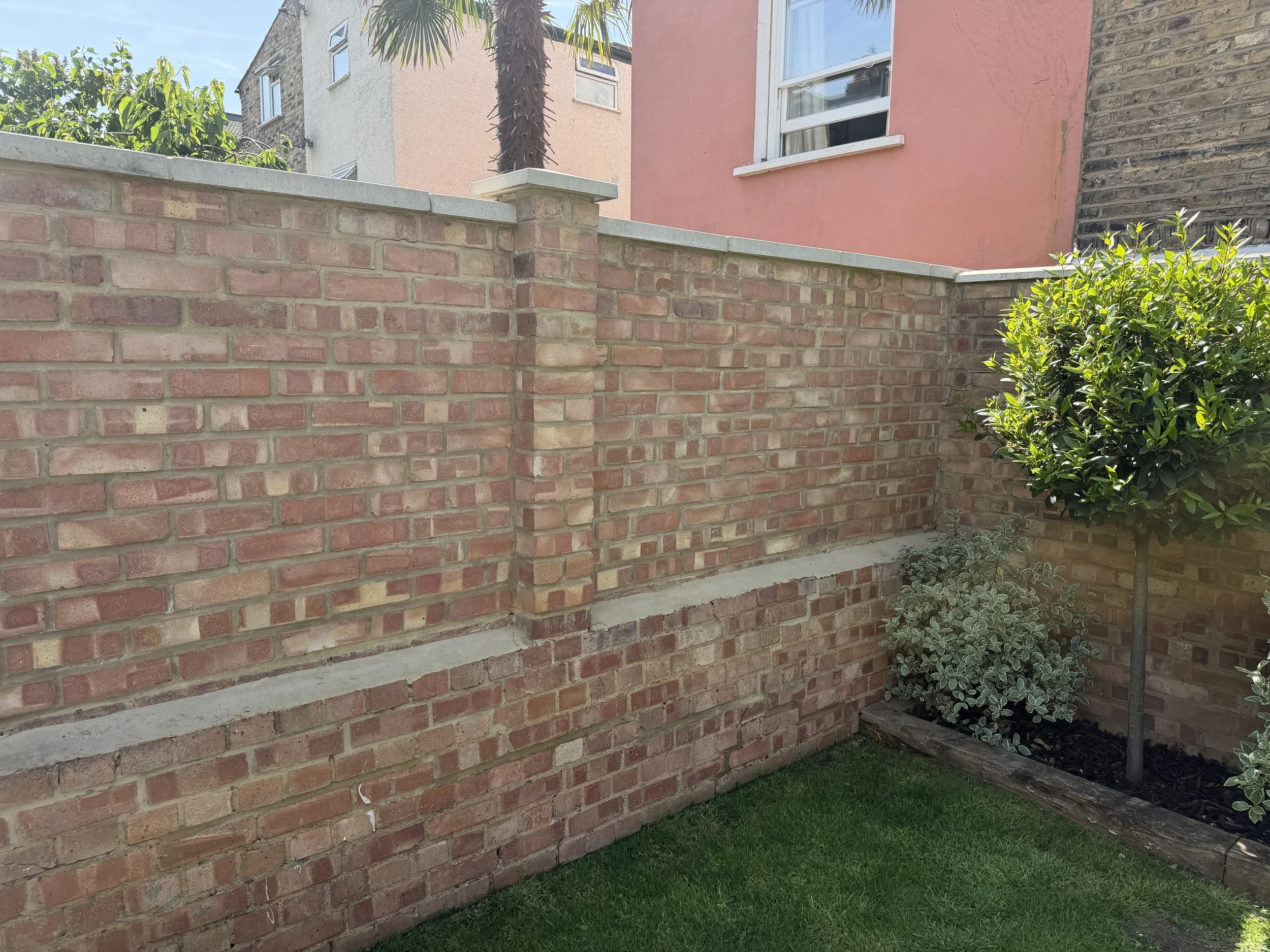 A brick wall with a concrete cap, a small green shrub, and a palm tree in front of a pink and brick building with windows.