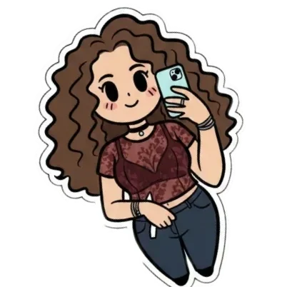 Cartoon girl with curly hair taking a selfie with her smartphone.