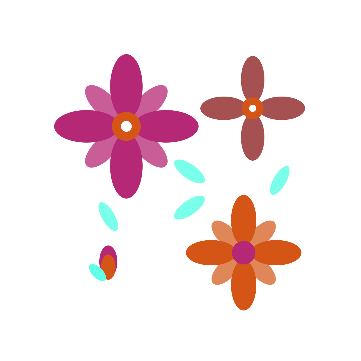 Three stylized flowers of different colors and sizes with small blue petals around them, set against a black background.