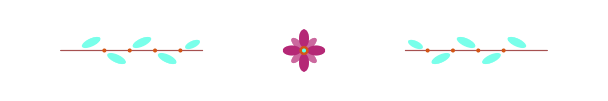 A decorative horizontal pattern of teal leaves on orange stems, with a central purple flower with multicolored center.