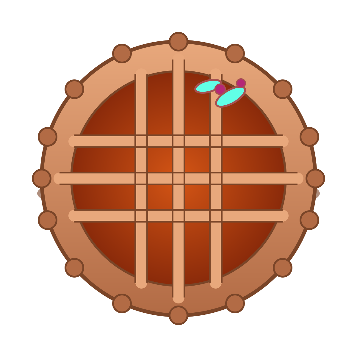 A picture of a chocolate pie with a lattice crust and two light blue and purple butterflies on it.