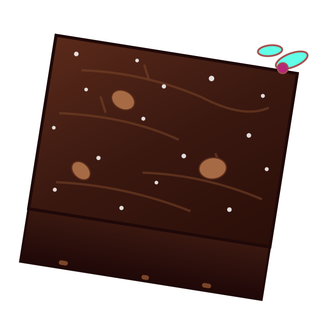 A digital illustration of a chocolate bar with parallel lines and oval shapes, decorated with small white dots and brown accents, with a pair of blue and purple glasses beside it.