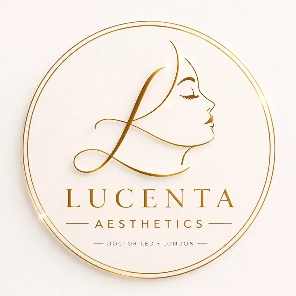 A gold logo for Lucenta Aesthetics, featuring a profile of a woman's face in a minimalist line art style, with the text 'LUCENTA AESTHETICS' and 'DOCTOR-LED - LONDON' underneath.