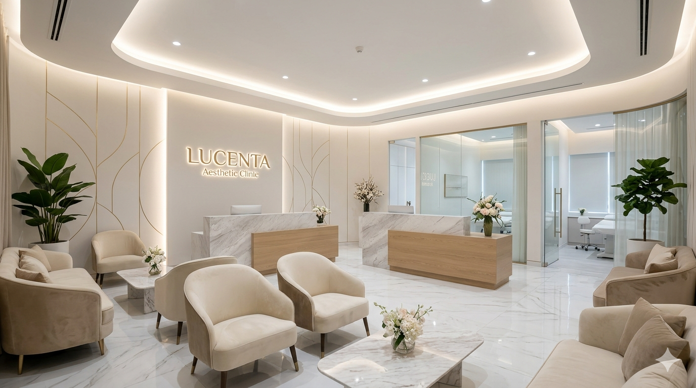 Modern aesthetic clinic reception area with white walls, marble flooring, cream-colored sofas, potted plants, and a welcoming atmosphere.