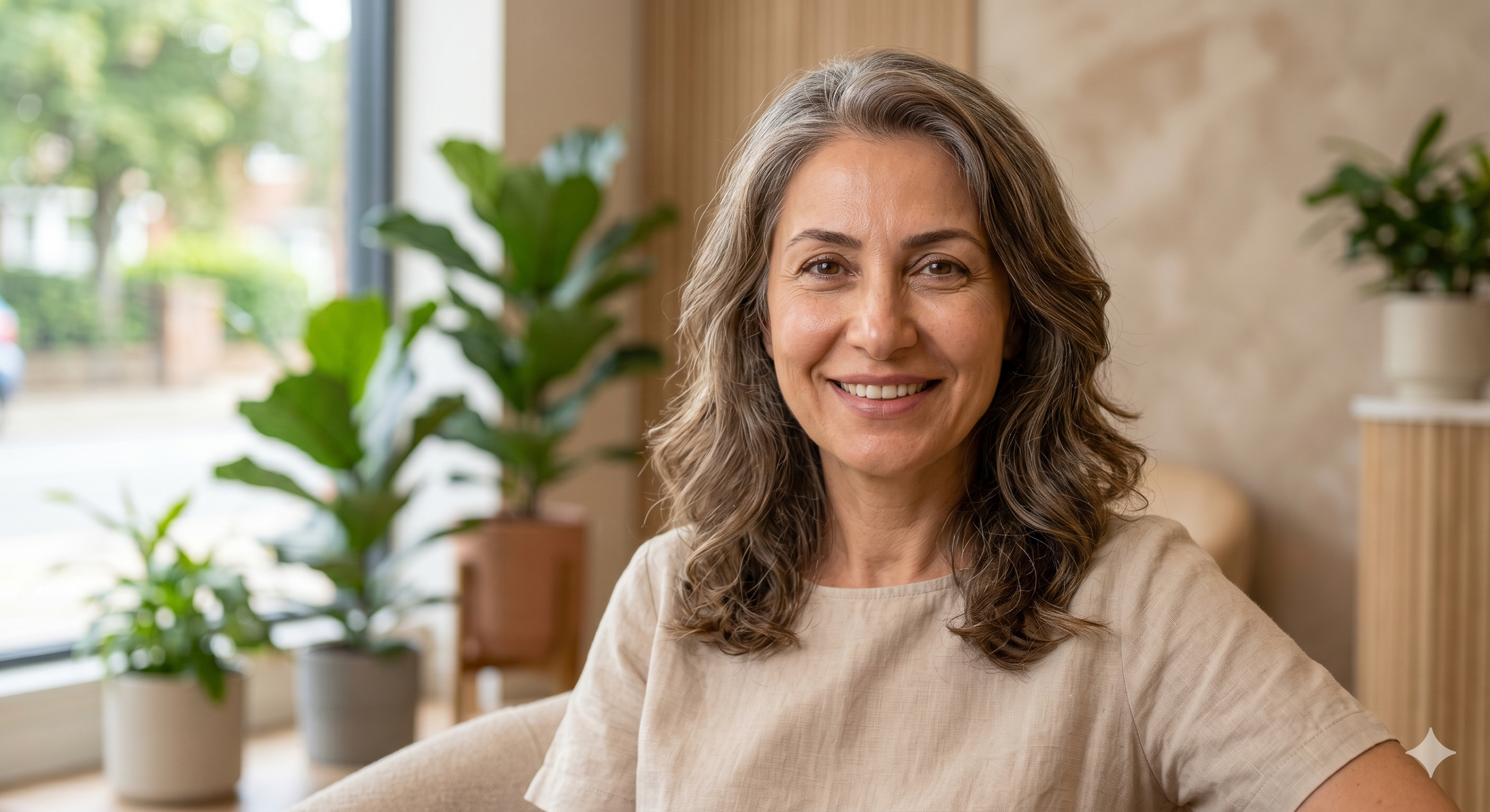 A smiling woman with wavy gray hair sitting indoors near a window with green plants in the background.