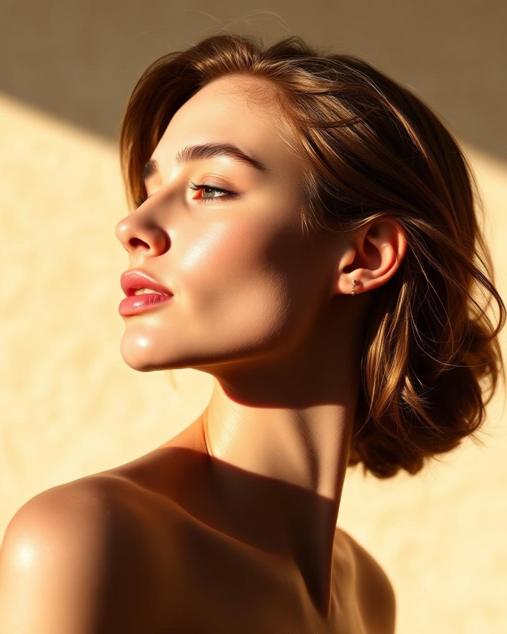 Profile of a young woman with short wavy brown hair and light skin, facing left, in warm sunlight.