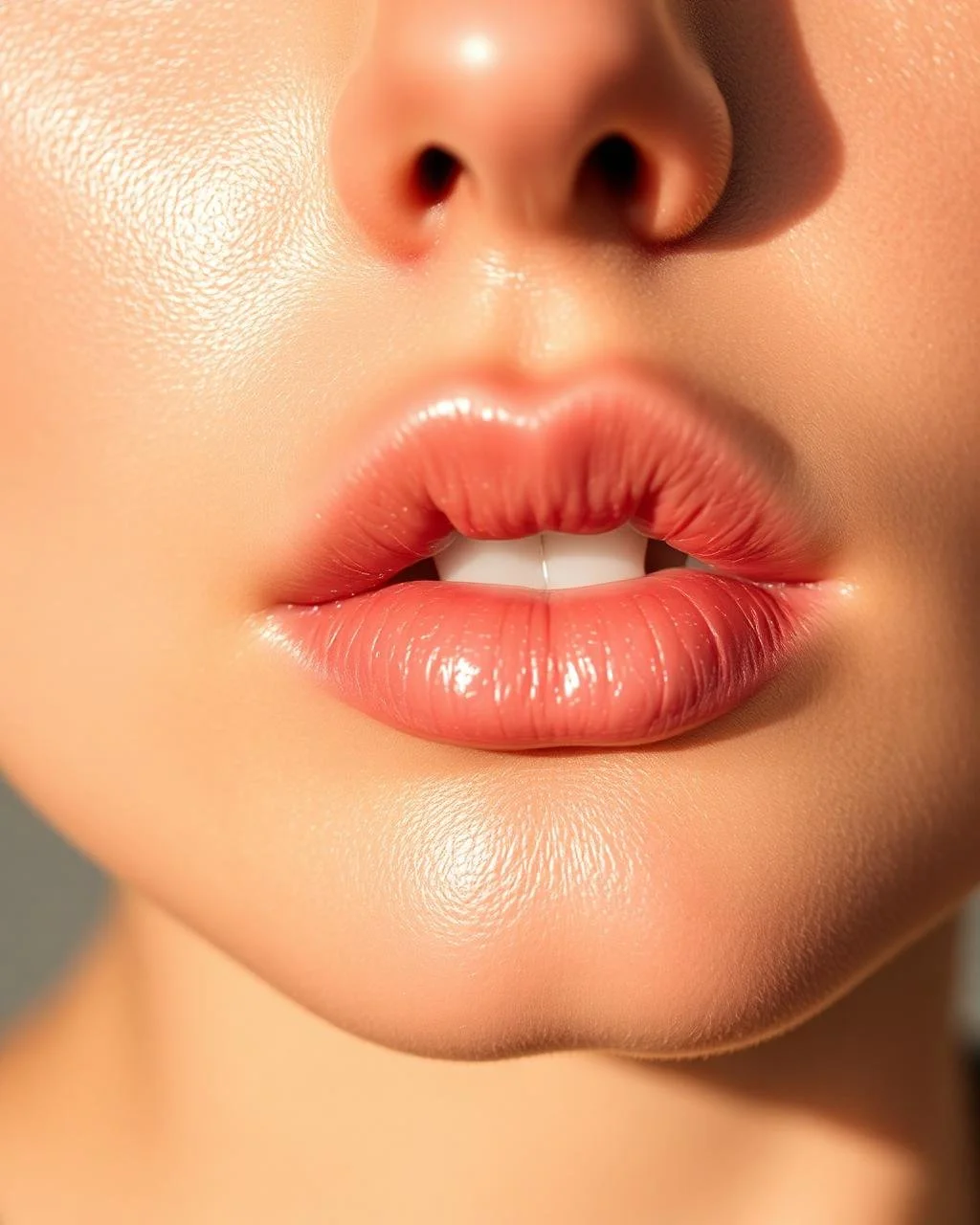 Close-up of a person's lips slightly parted, revealing a gold tooth, with smooth, glossy skin and a focus on the mouth area.