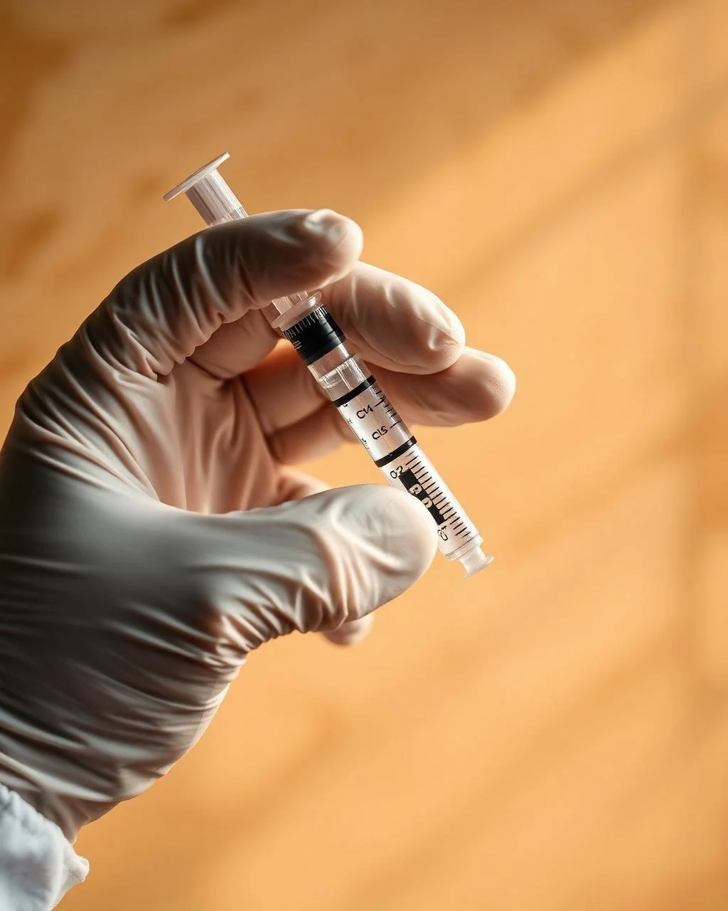 A gloved hand holding a syringe with a clear liquid against a blurred brown background.