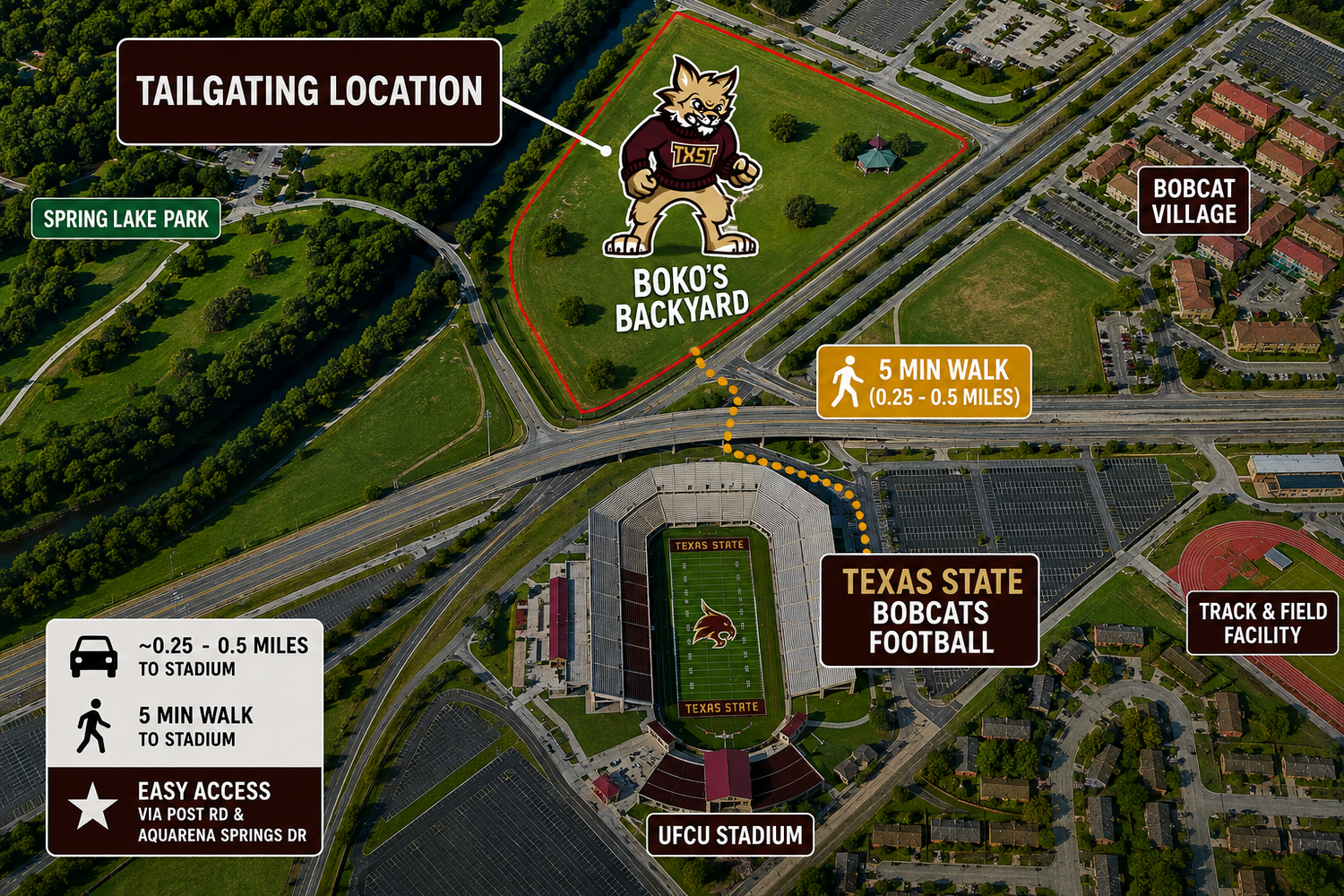 Map showing the tailgate location's proximity to UFCU Stadium and Texas State Bobcats Football