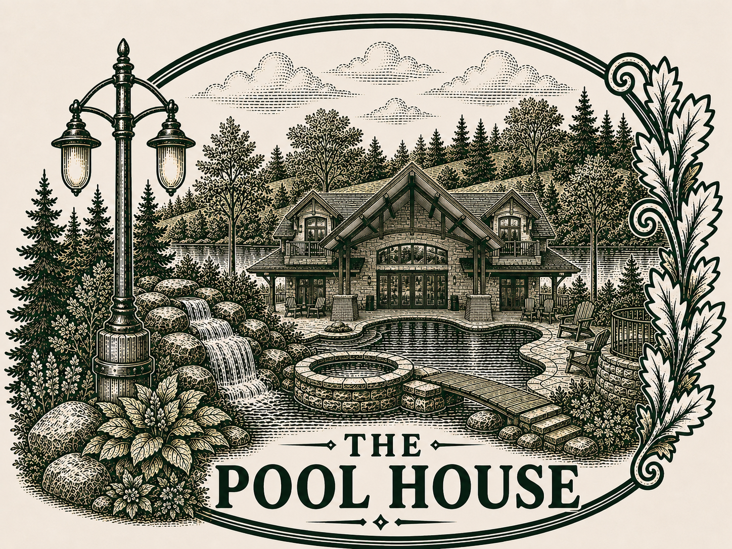 Illustration of a large house called 'The Pool House' with a swimming pool, surrounded by trees, plants, rocks, a fire pit, and outdoor seating, all set in a natural landscape with hills and clouds in the background.