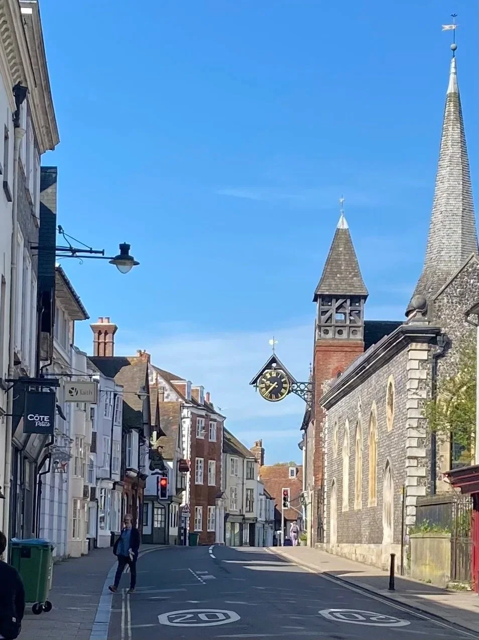 A view looking west along Lewes High Street with St Michael's church