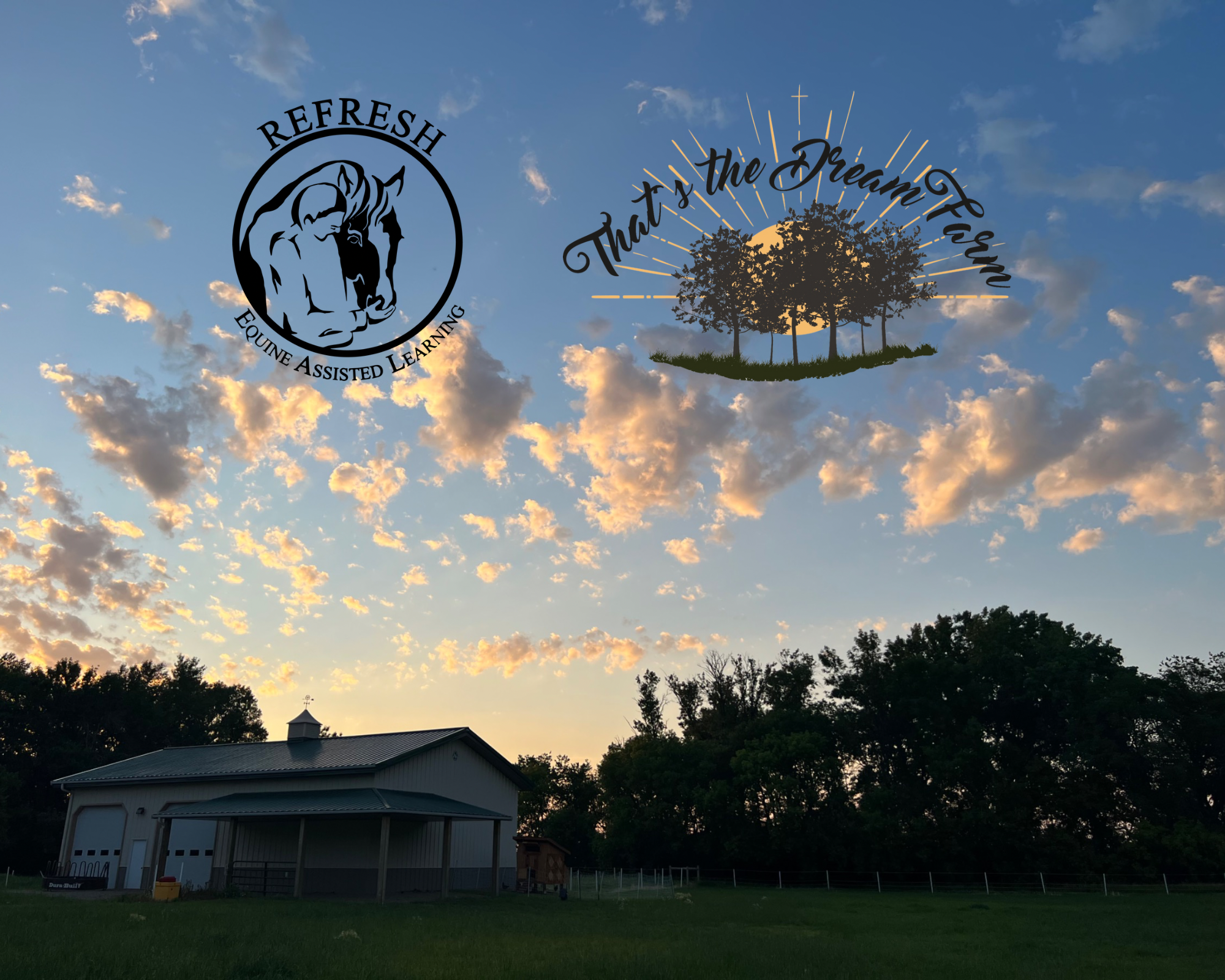 A sunset or sunrise sky with scattered clouds, silhouetted trees, and a building with a metal roof and a small cupola in the foreground.
