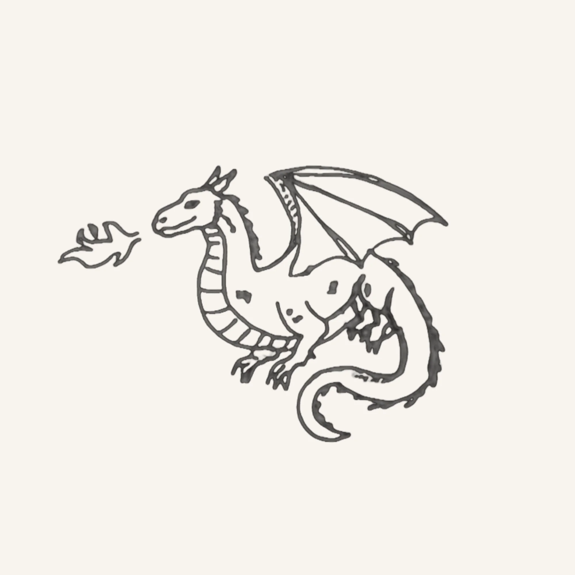 Hand-drawn black and white illustration of a weak dragon with a simple flame