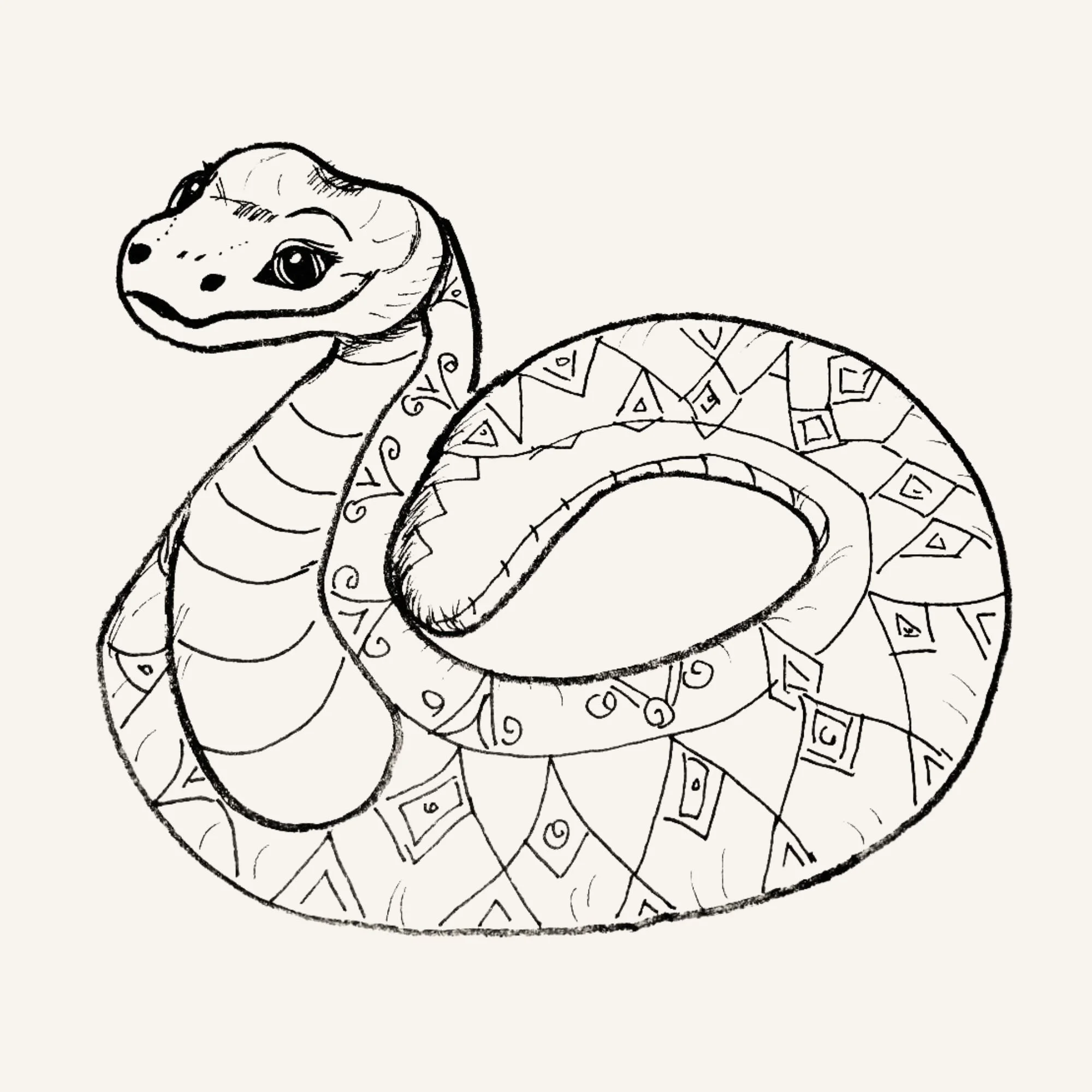 Hand-drawn snake illustration representing transformation, healing, wisdom, and renewal in Animal Mirror Wisdom.