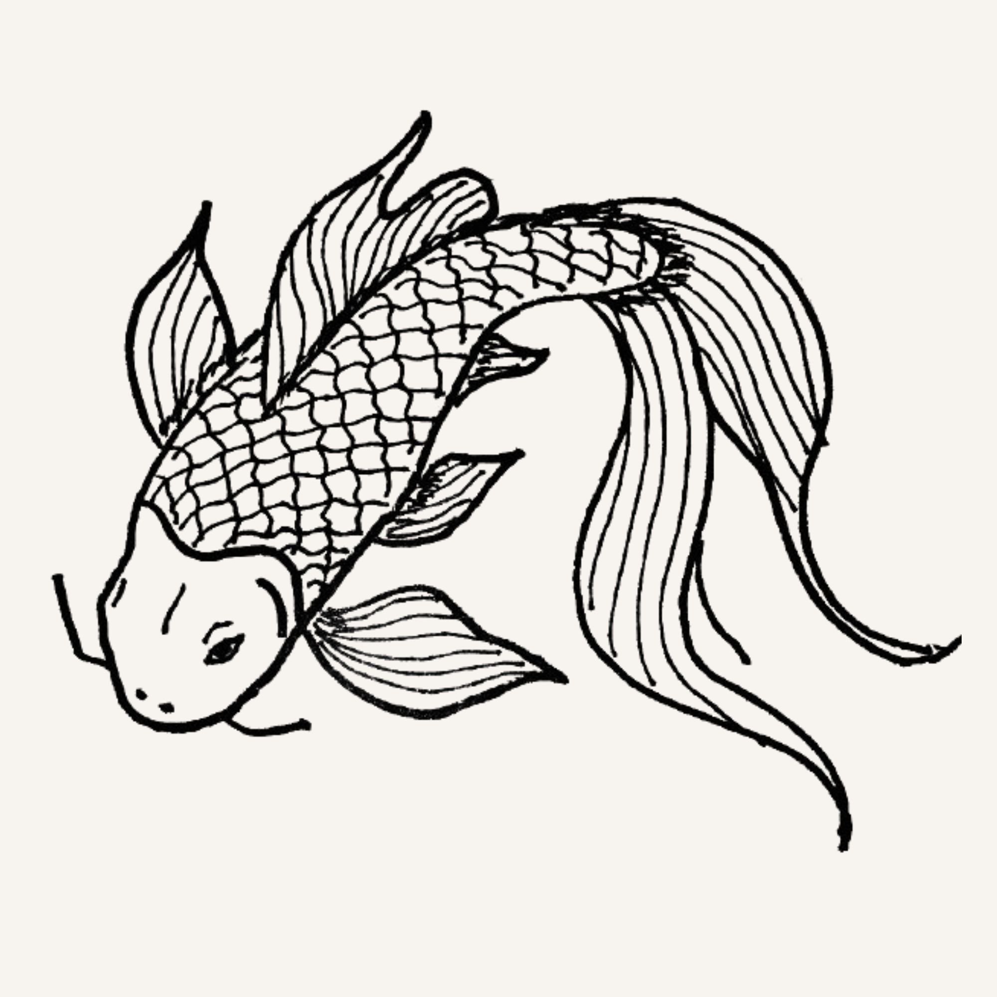 Black and white hand-drawn illustration of a swimming fish.