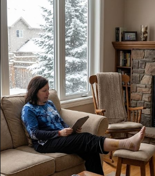 woman sitted on a sofa with her injured foot over a char, in the back ground there pines trees on snow, the woman is working on a computer