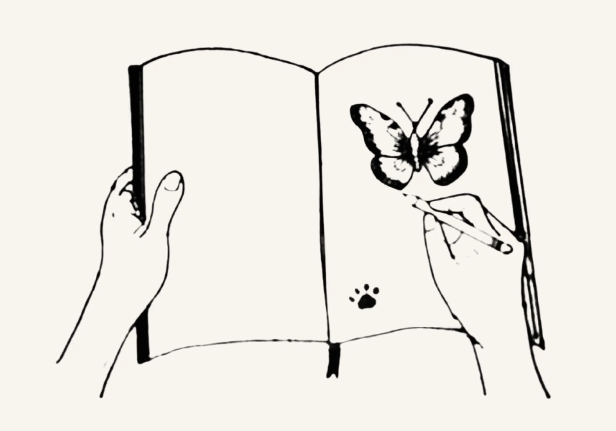 Hand-drawn illustration of an open sketchbook with a butterfly and hands turning the page for Alma Animal Art.