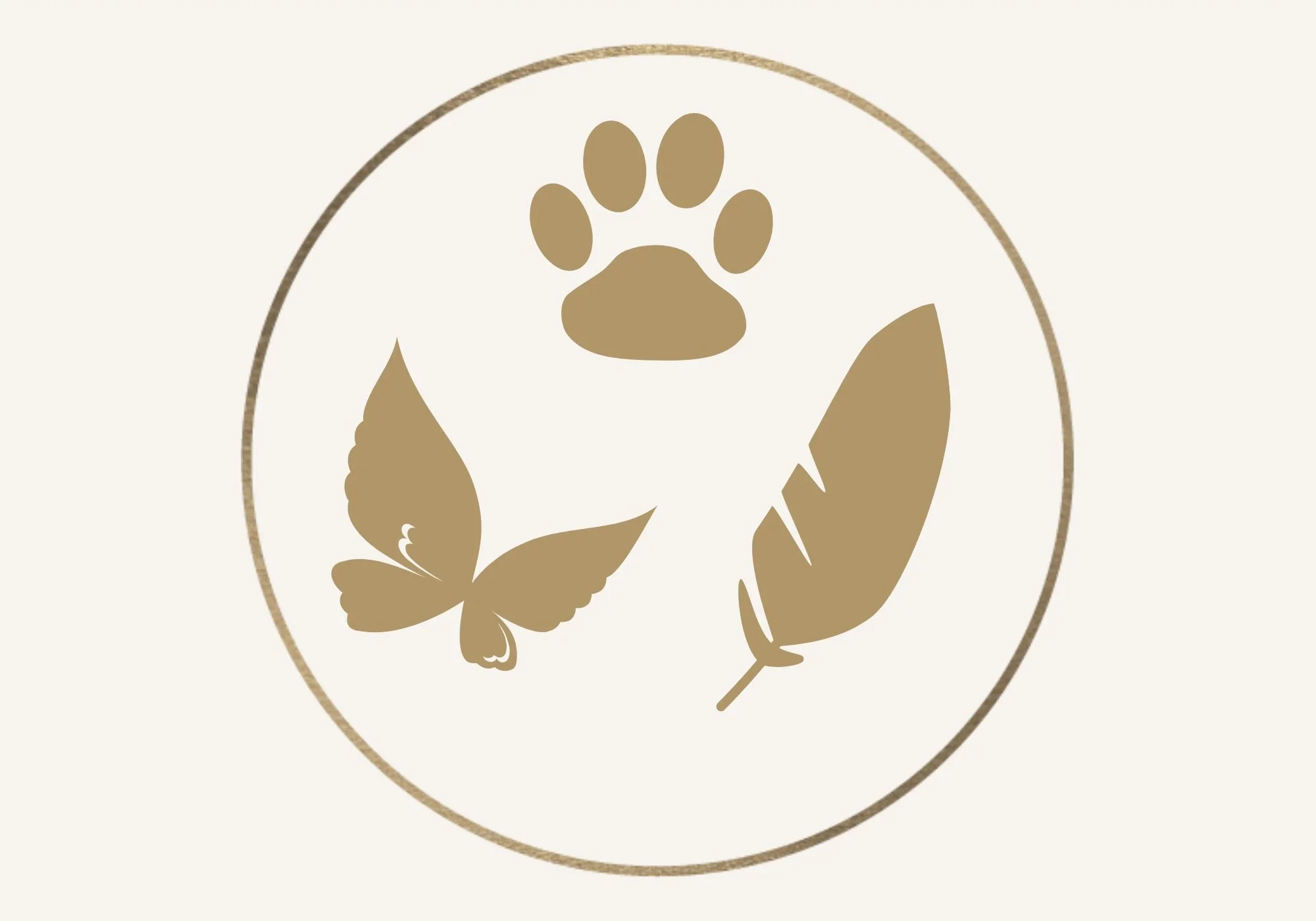 logo alma animal art circule golden wiht paw feather and butterfly inside