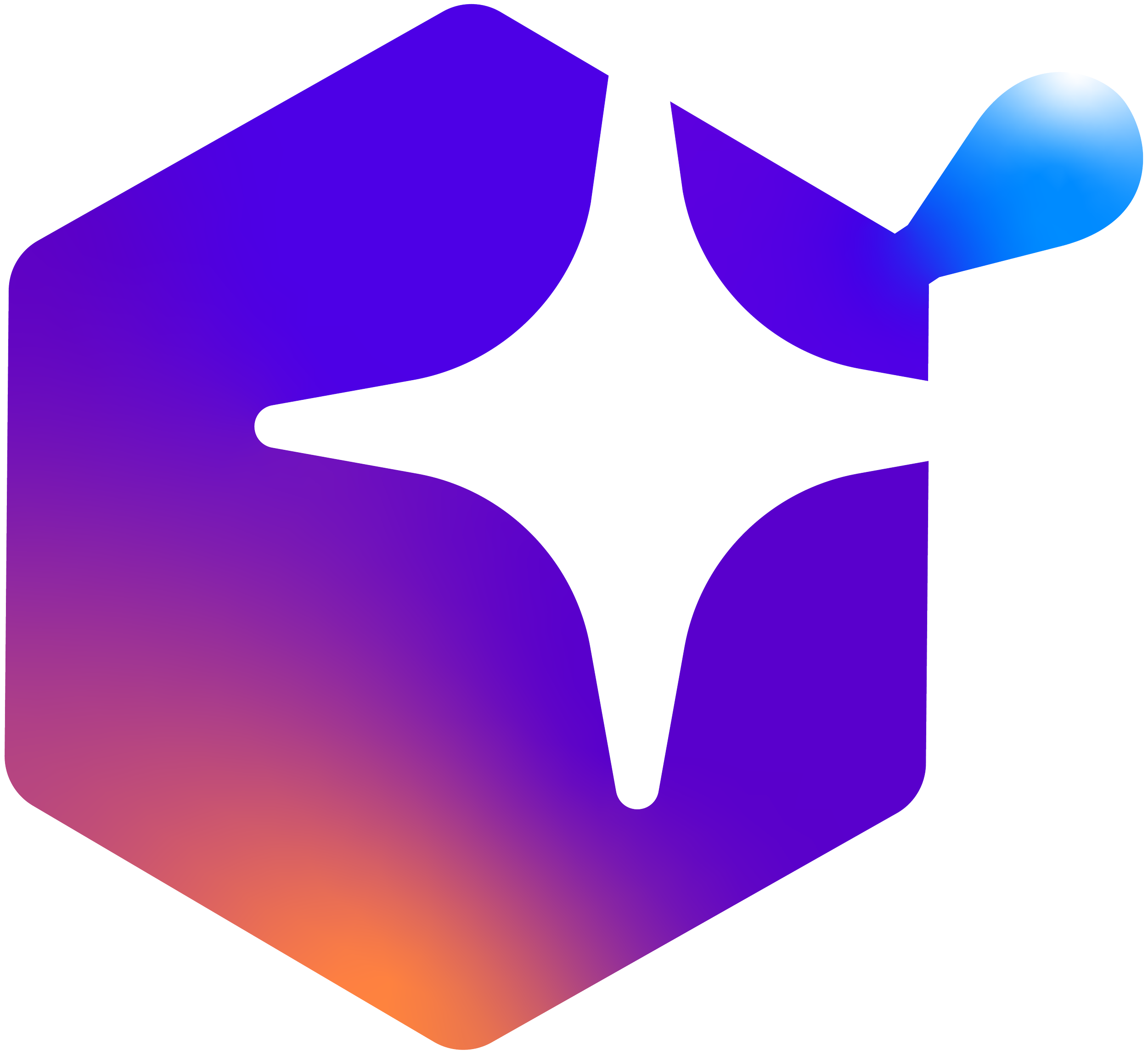 An abstract digital illustration with vibrant purple, blue, and orange colors featuring geometric shapes and gradients.