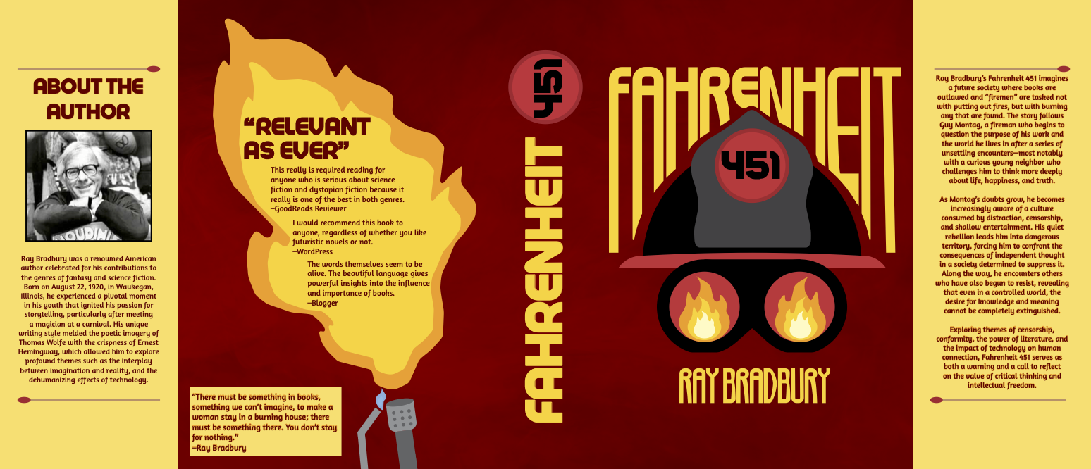 Book cover for Fahrenheit 451 by Ray Bradbury featuring stylized fires and a fireman's helmet, with yellow and red background and information about the author and plot on the sides.