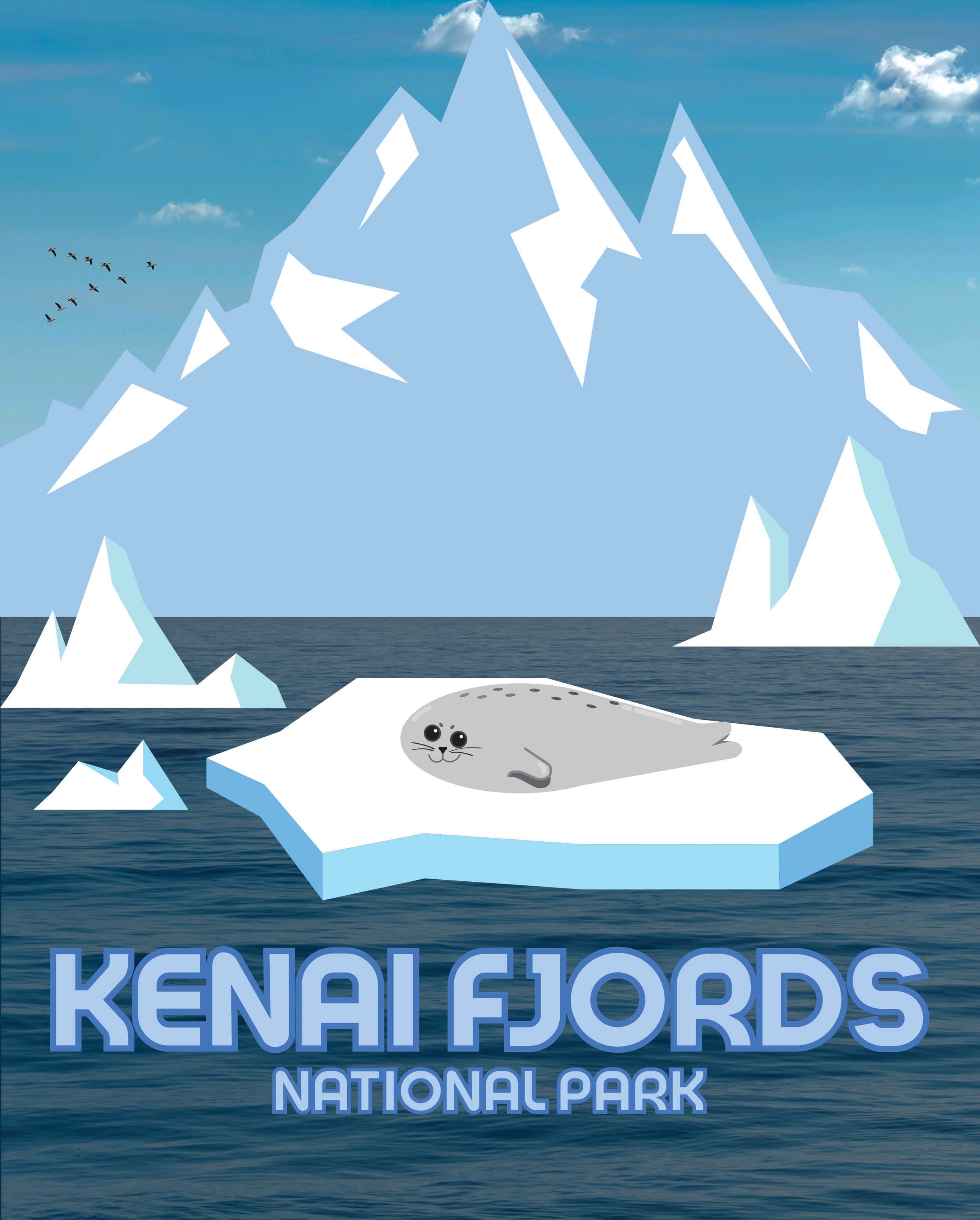 Illustration of a glacier or iceberg with a seal lying on it, and mountains in the background. The text says 'KENAI FJORDS NATIONAL PARK' at the bottom.