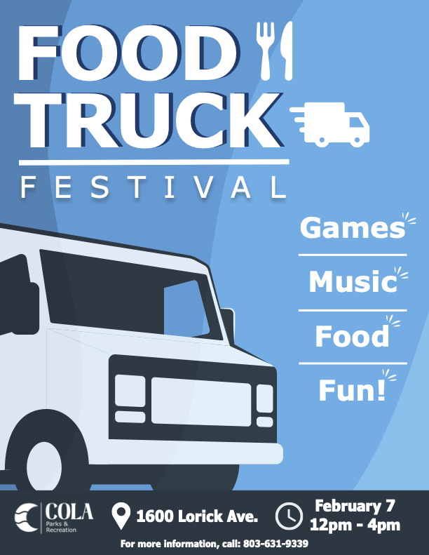 Blue poster promoting a Food Truck Festival featuring games, music, food, and fun, with an illustration of a food truck and a smaller truck icon at the top.