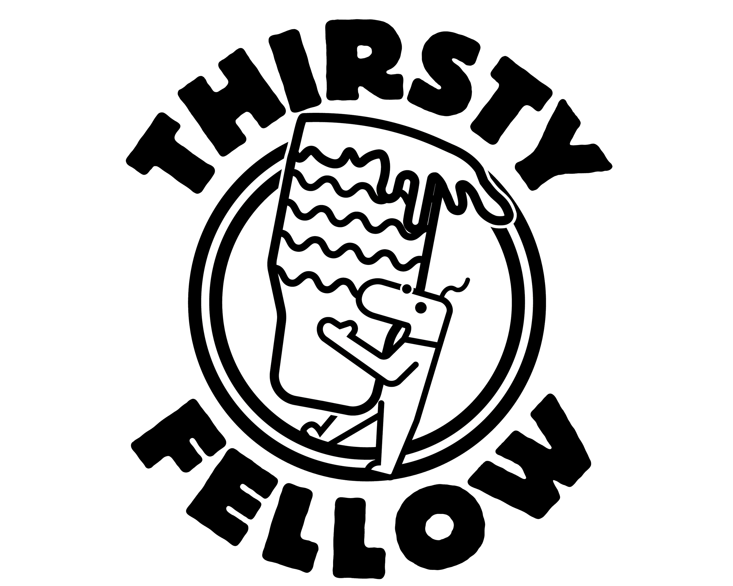 A black and white version of the circle logo with a beer glass being held by a character with the words 'THIRSTY FELLOW'