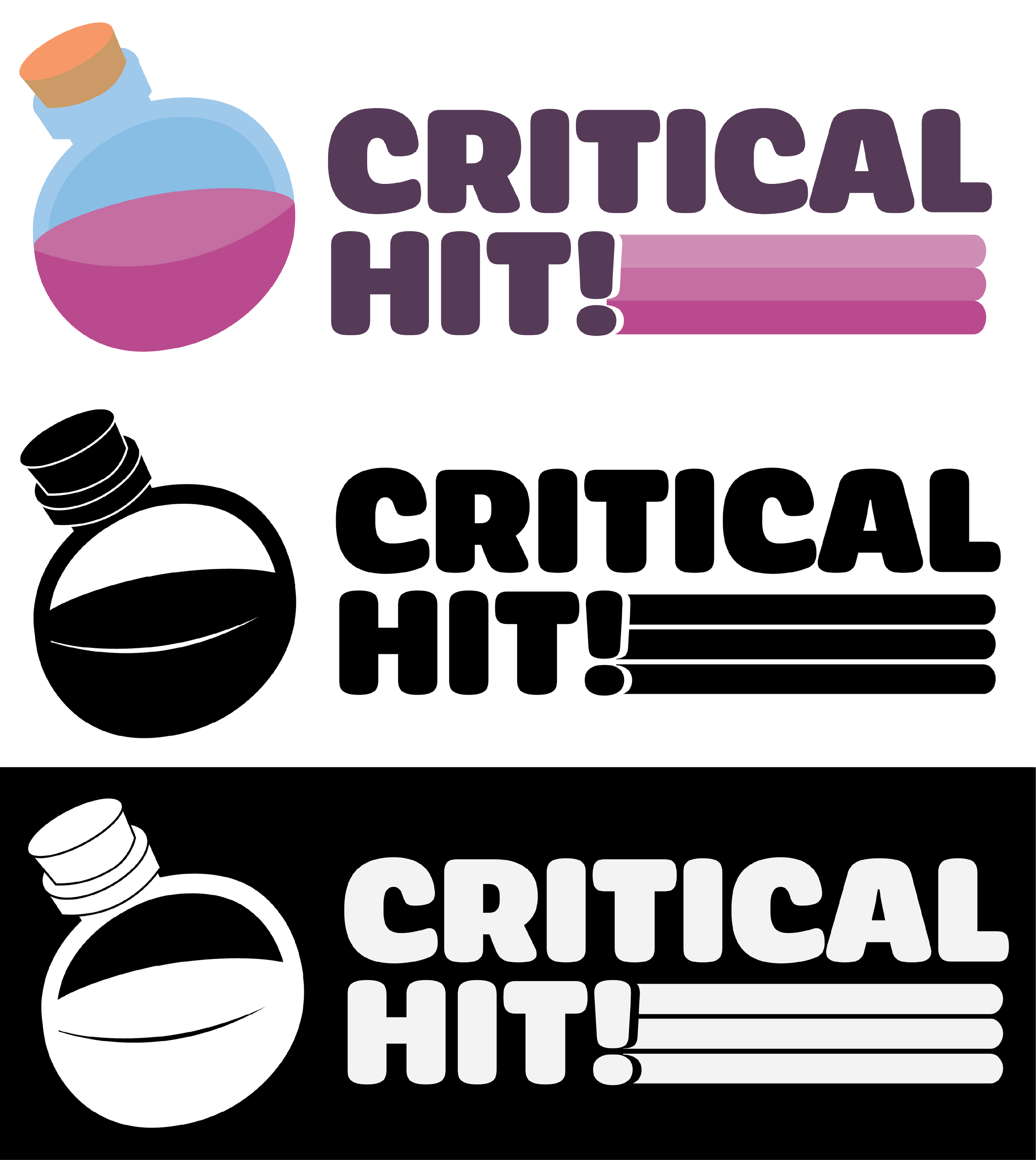 Three versions of logos with text "CRITICAL HIT!" in bold, letters, next to a cartoon-style potion bottle with a cork on top, filled with liquid. There is a purple text with pink liquid logo, a black and white logo, and a white and black logo.