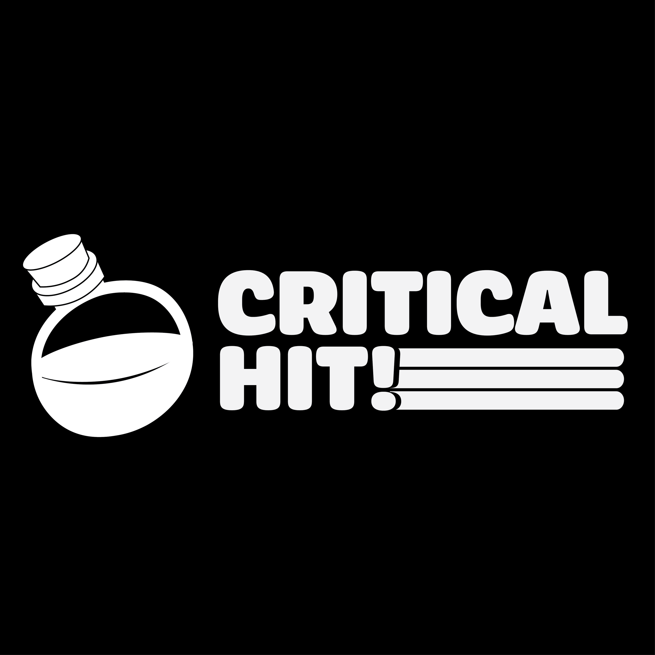 White and black cartoon illustration of a potion with a popping cork, with text 'Critical Hit!'