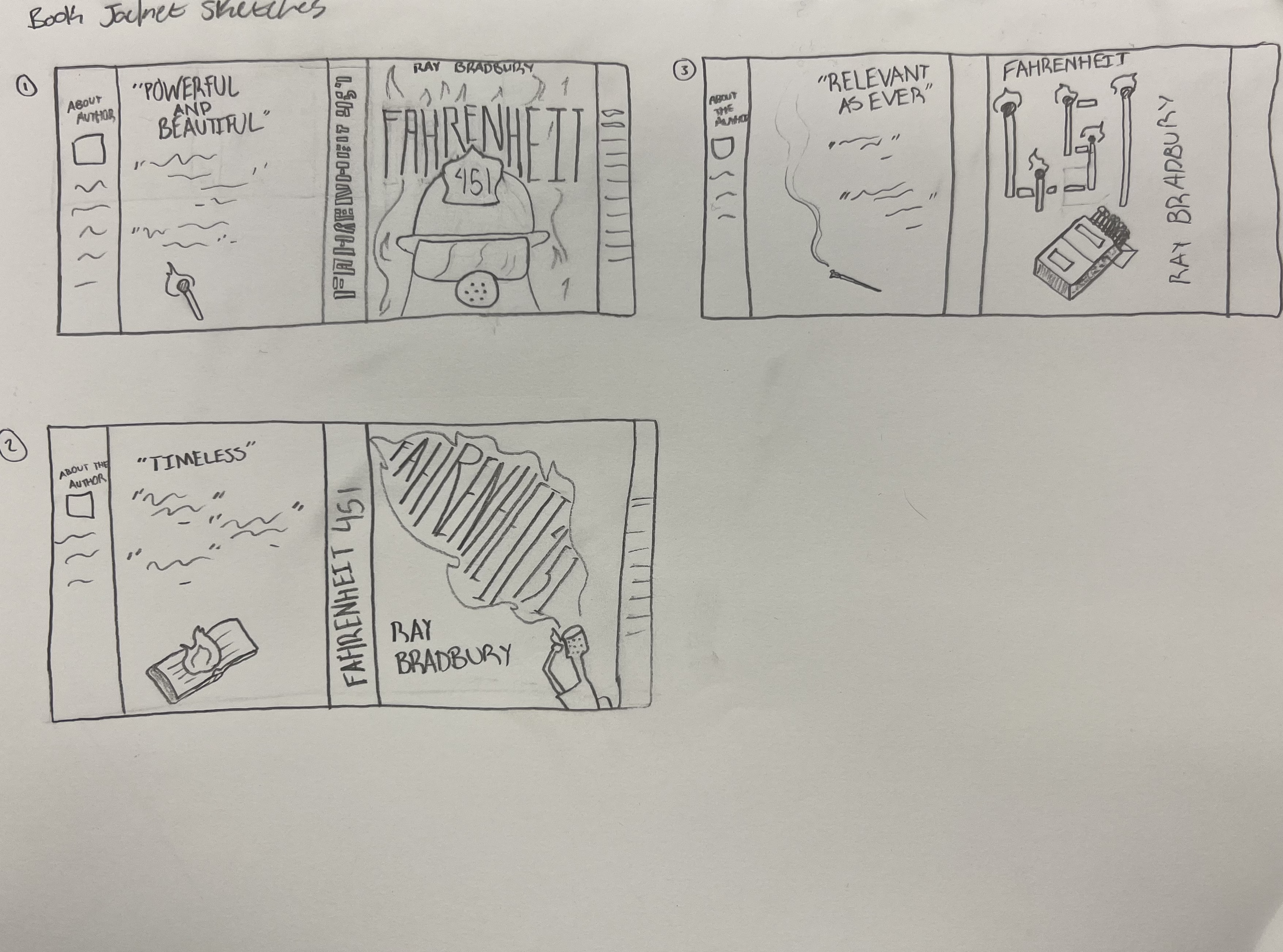 Three Hand-drawn Fahrenheit 451 book jacket concept designs