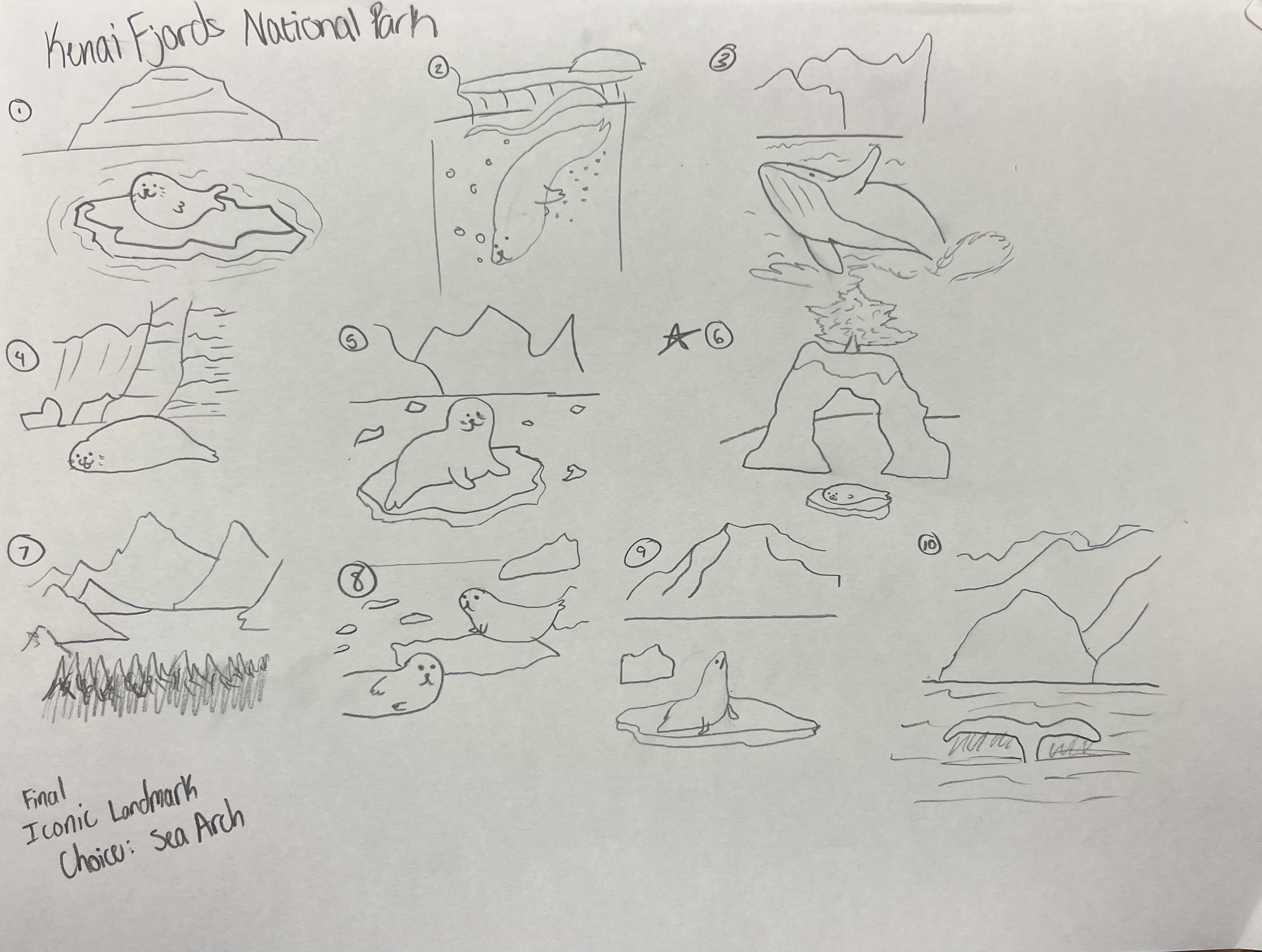 Hand-drawn sketches of various natural landscapes and wildlife, including mountains, rivers, whales, seals, and a starfish, labeled as part of Kenai Fjords National Park.