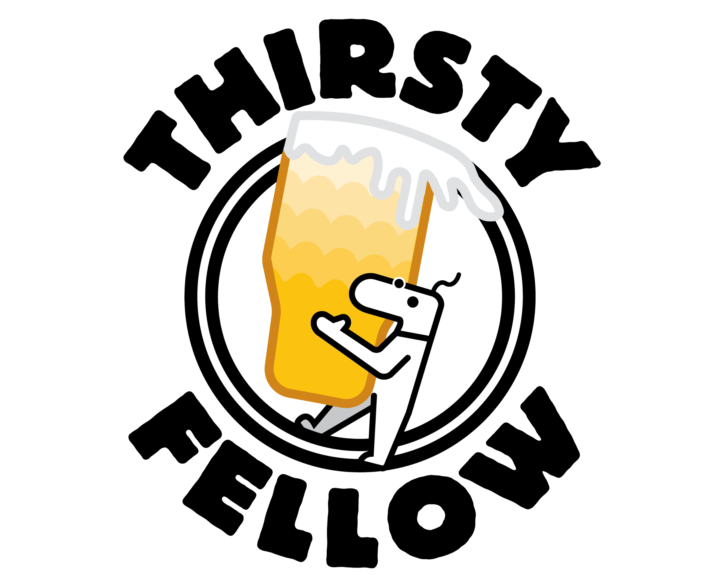 A full-color circle logo with a beer glass being held by a character with the words 'THIRSTY FELLOW.' The beer glass has a wavy line gradient of yellow shades with white foam at the top.