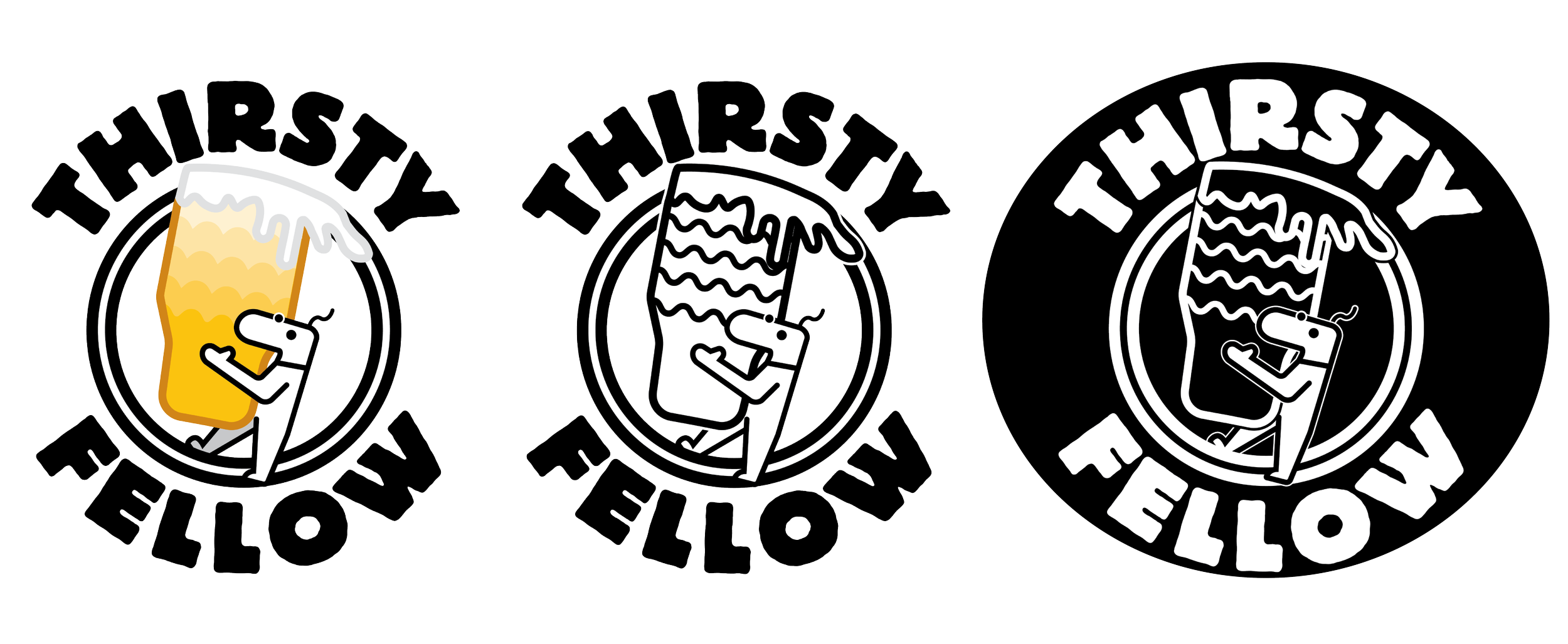 Graphic design of three circle logos with the words 'THIRSTY' and 'FELLOW' with a cartoon character holding a beer mug.