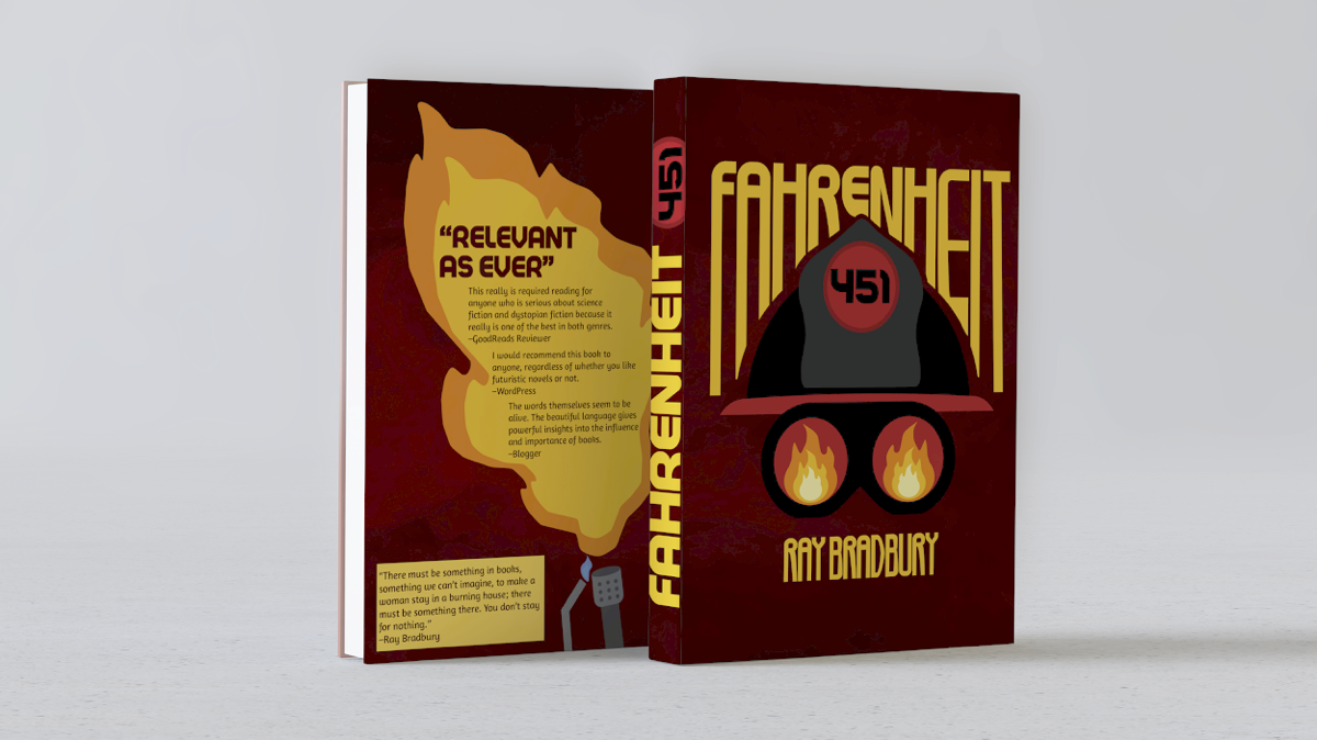 A book titled 'Fahrenheit 451' by Ray Bradbury with a dark cover featuring a flame and a firefighter's helmet with the number 451 on it. The inside of the open book shows a flame illustration and quotes about the book.