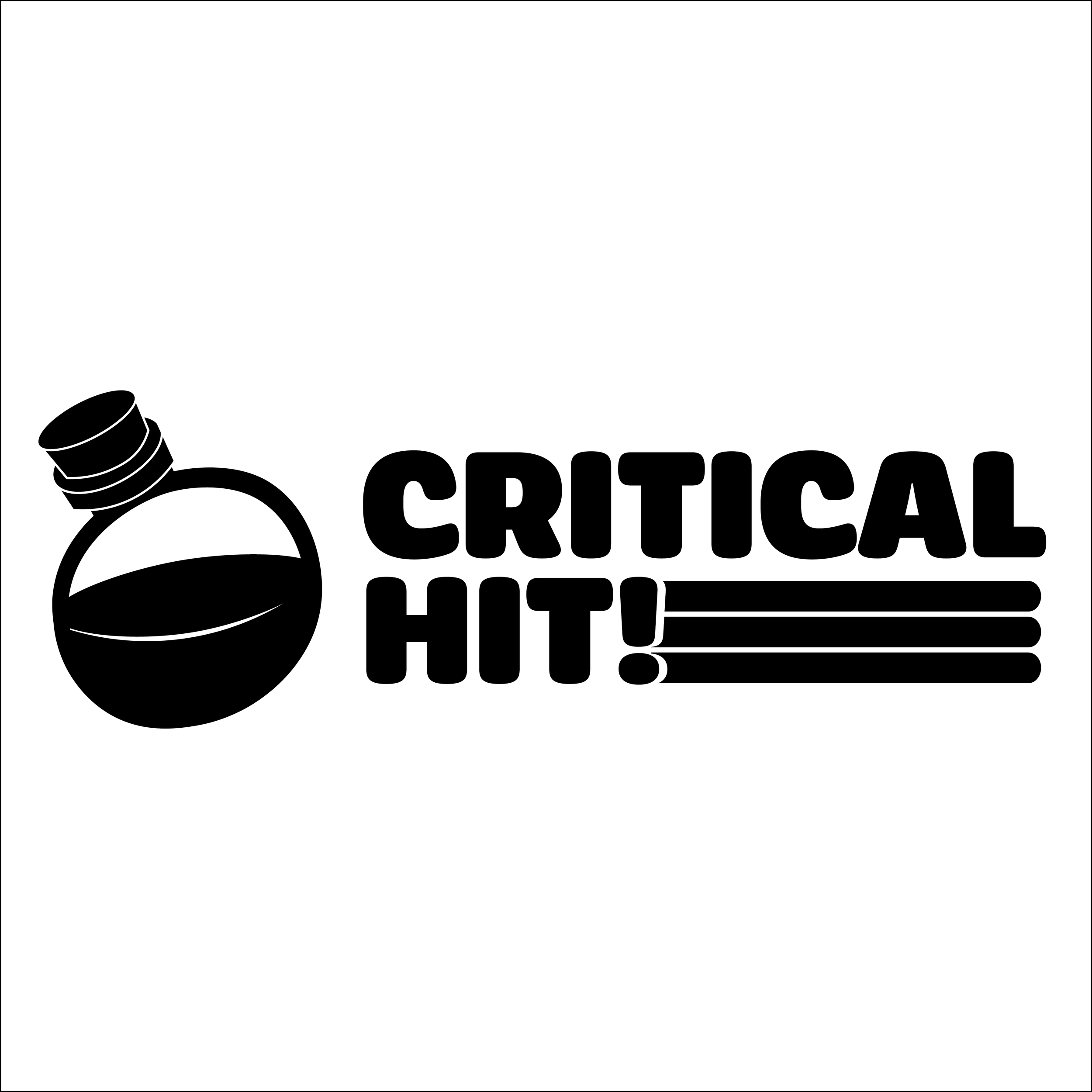 Black and white cartoon illustration of a potion with a popping cork, with text 'Critical Hit!'