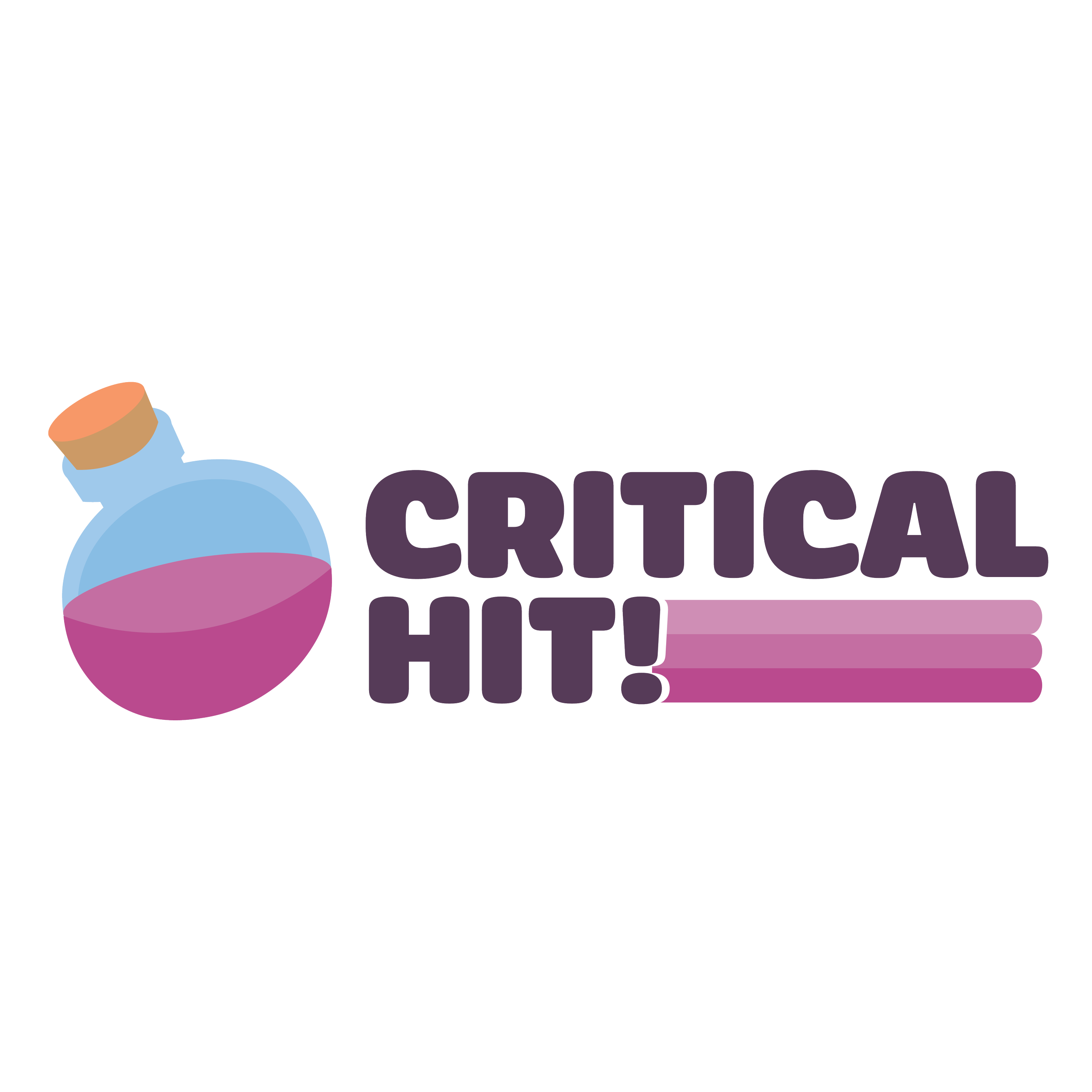 Full-color purple and pink cartoon illustration of a potion with a popping cork, with text 'Critical Hit!'