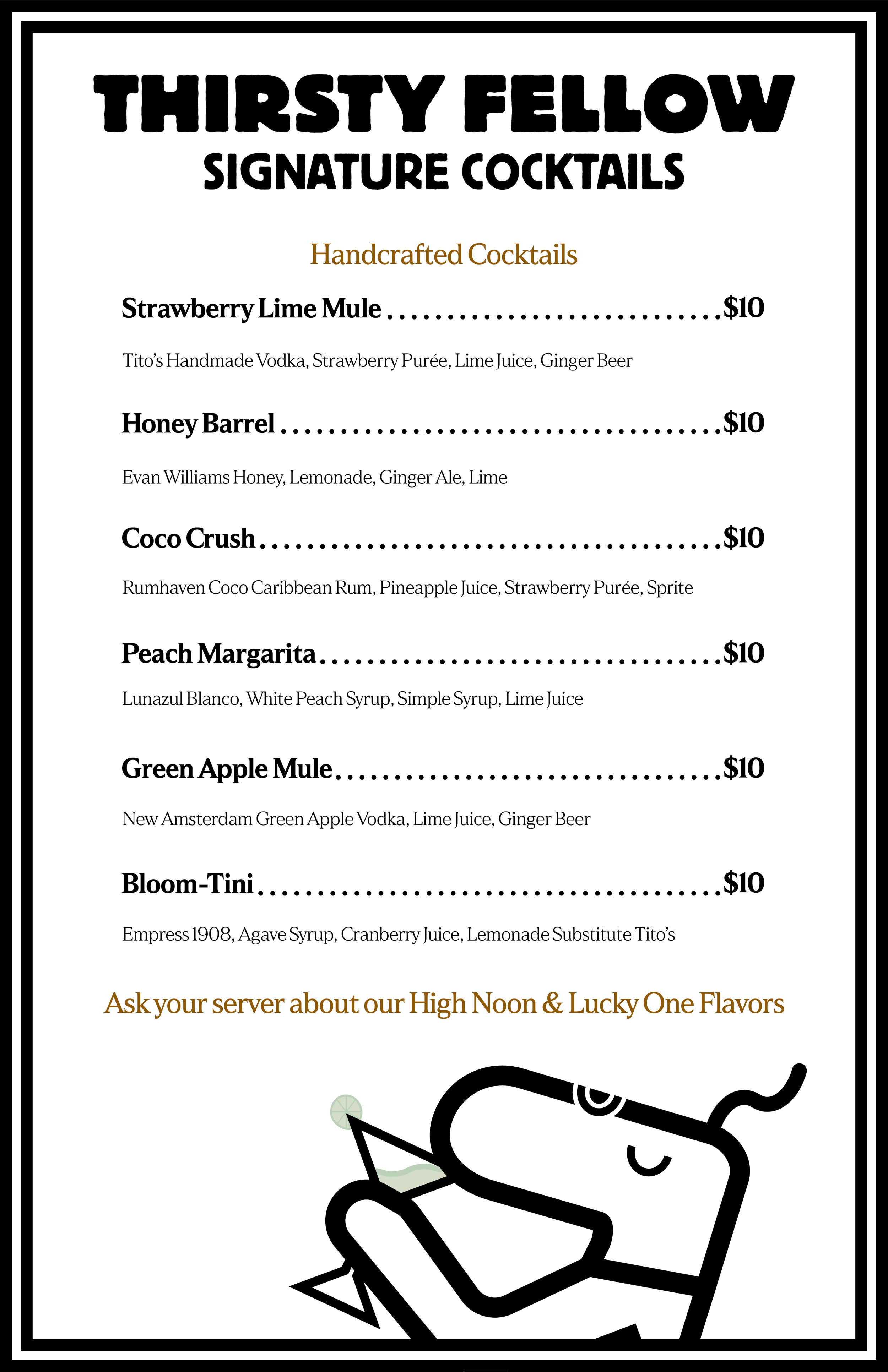 Menu for Thirsty Fellow featuring cocktails such as Strawberry Lime Mule, Honey Barrel, Coco Crush, Peach Margarita, Green Apple Mule, and Bloom-Tini, with prices and ingredients listed.