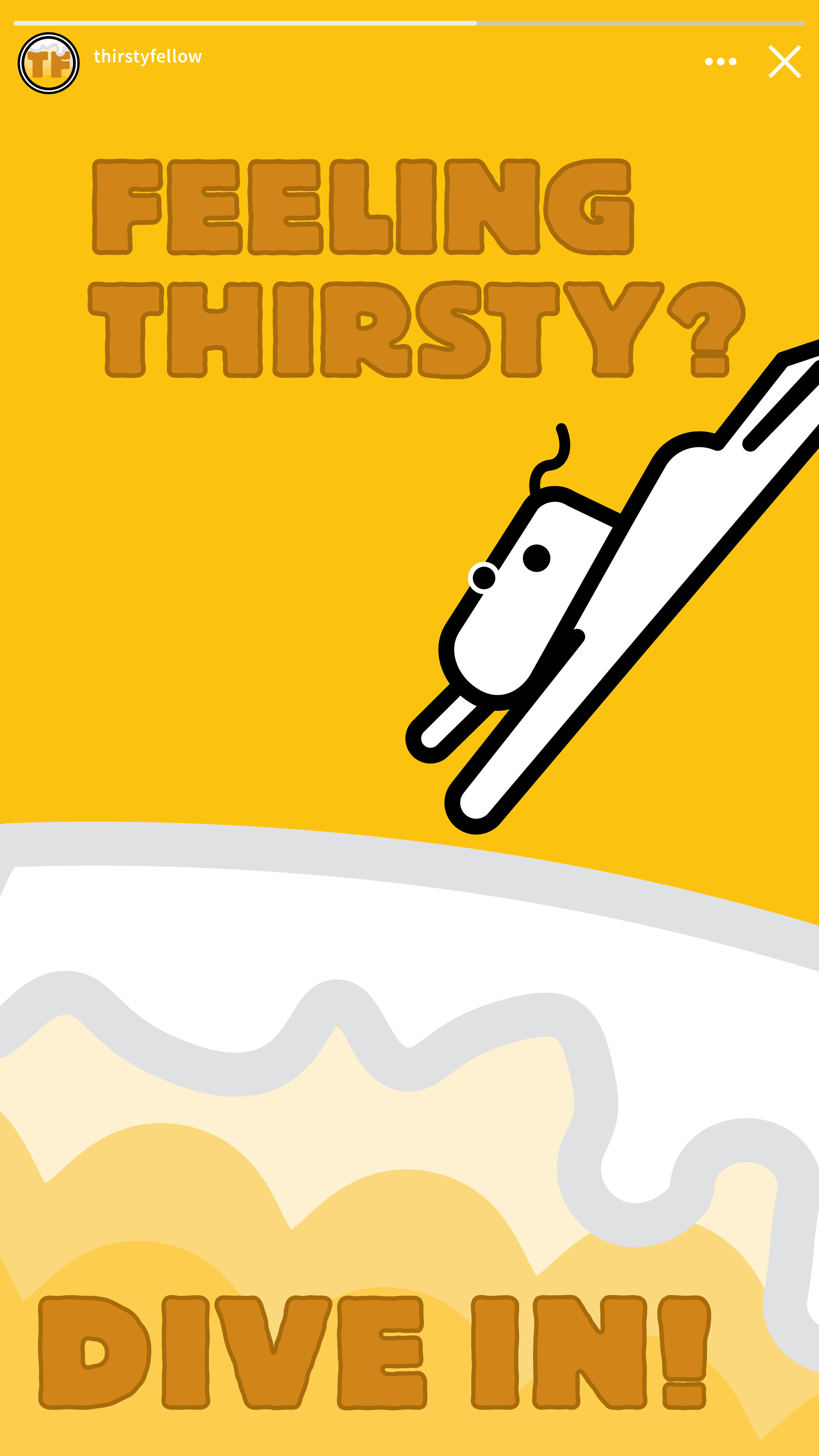 Logo character diving into giant mug of beer on a yellow background with large orange text reading "FEELING THIRSTY?" and "DIVE IN!"