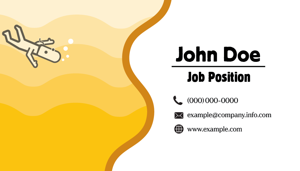 Business card with logo character floating inside yellow beer gradient on the left side and contact information for John Doe, including phone number, email, and website, on the right side.
