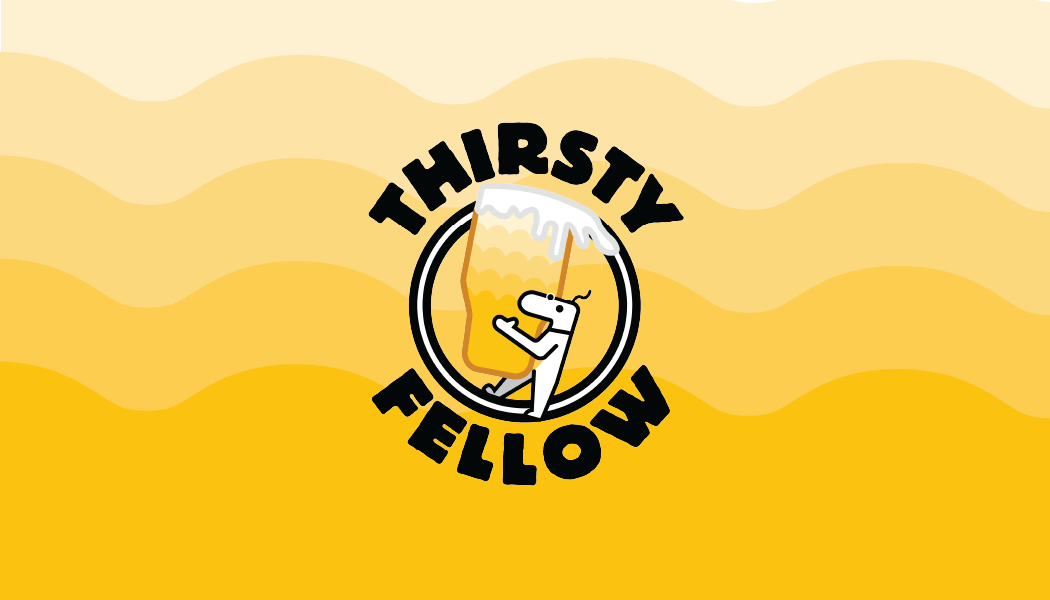 Full-color Thirsty Fellow logo design on a yellow and beige wavy background.