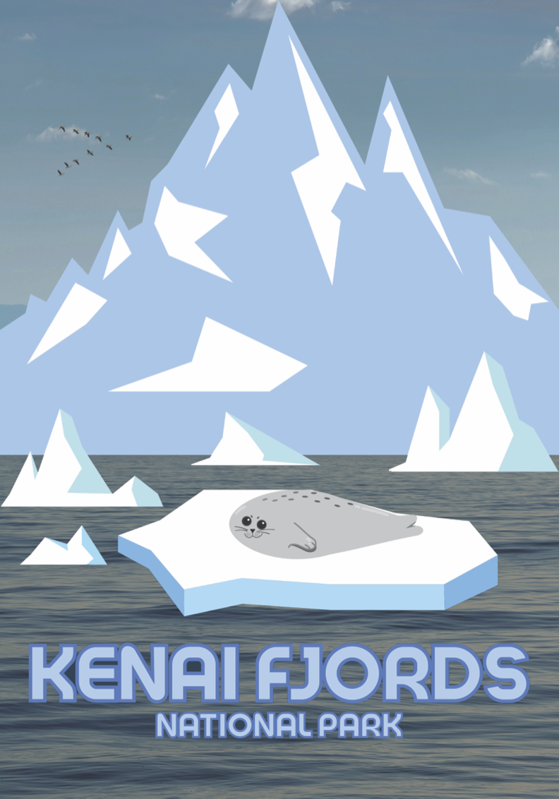 Illustration of a seal on an iceberg with a mountain and icebergs in the background, and the text "Kenai Fjords National Park" at the bottom.