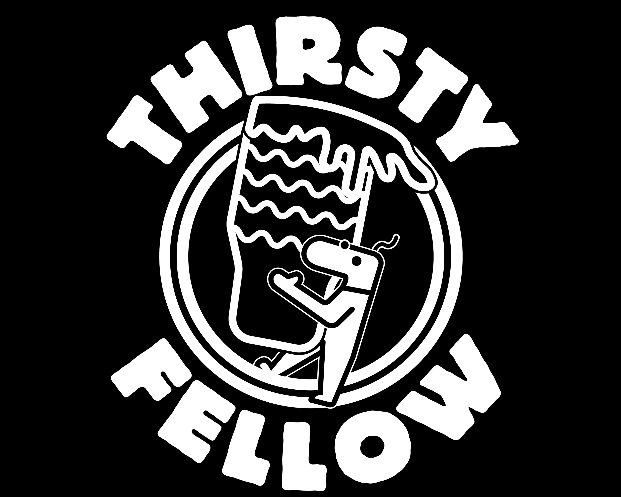 A white and black version of the circle logo with a beer glass being held by a character with the words 'THIRSTY FELLOW'
