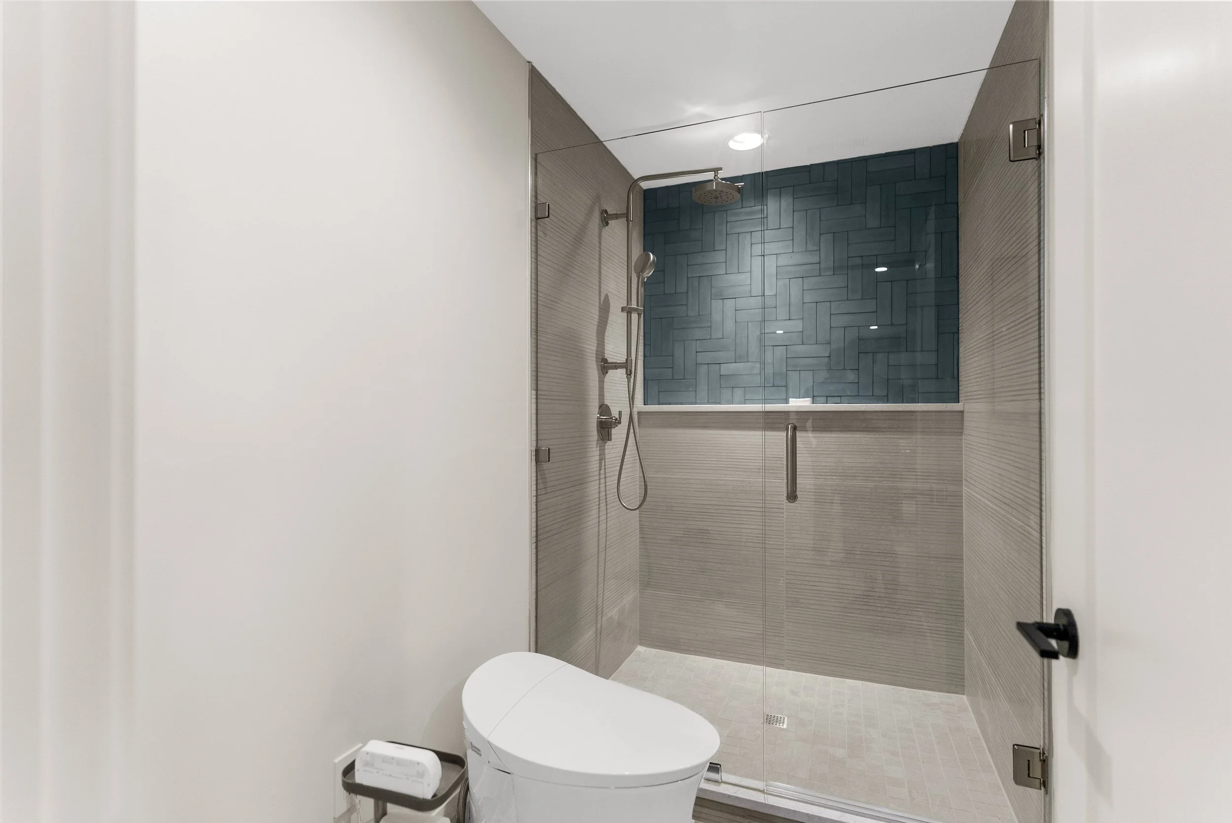 Modern bathroom with a glass-enclosed shower area featuring gray herringbone wall tiles, a rain showerhead, and a handheld shower. White walls and a white toilet are also visible.