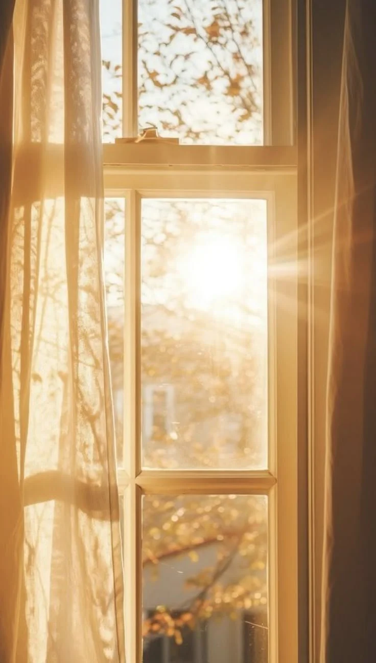 Sunlight shining through a window with partially drawn curtains, showing a view of autumn trees outside.