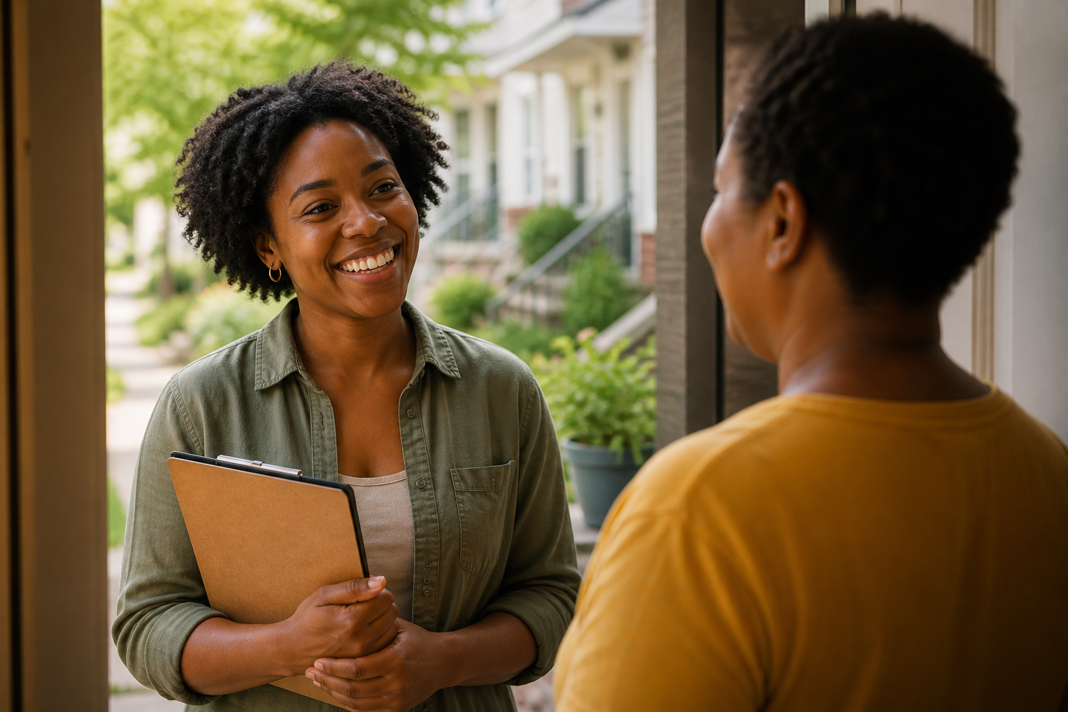 Two women having a friendly conversation at the doorway of a house, one holding a clipboard and smiling.