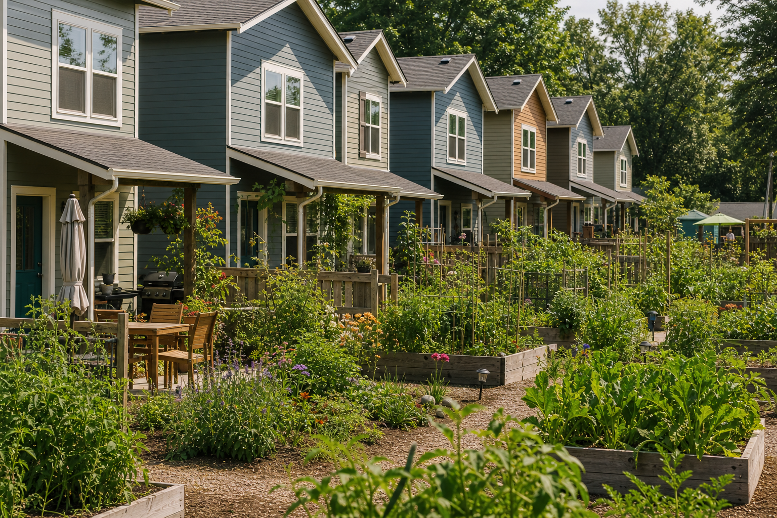 A row of colorful townhouses with small garden plots in the foreground and trees in the background.