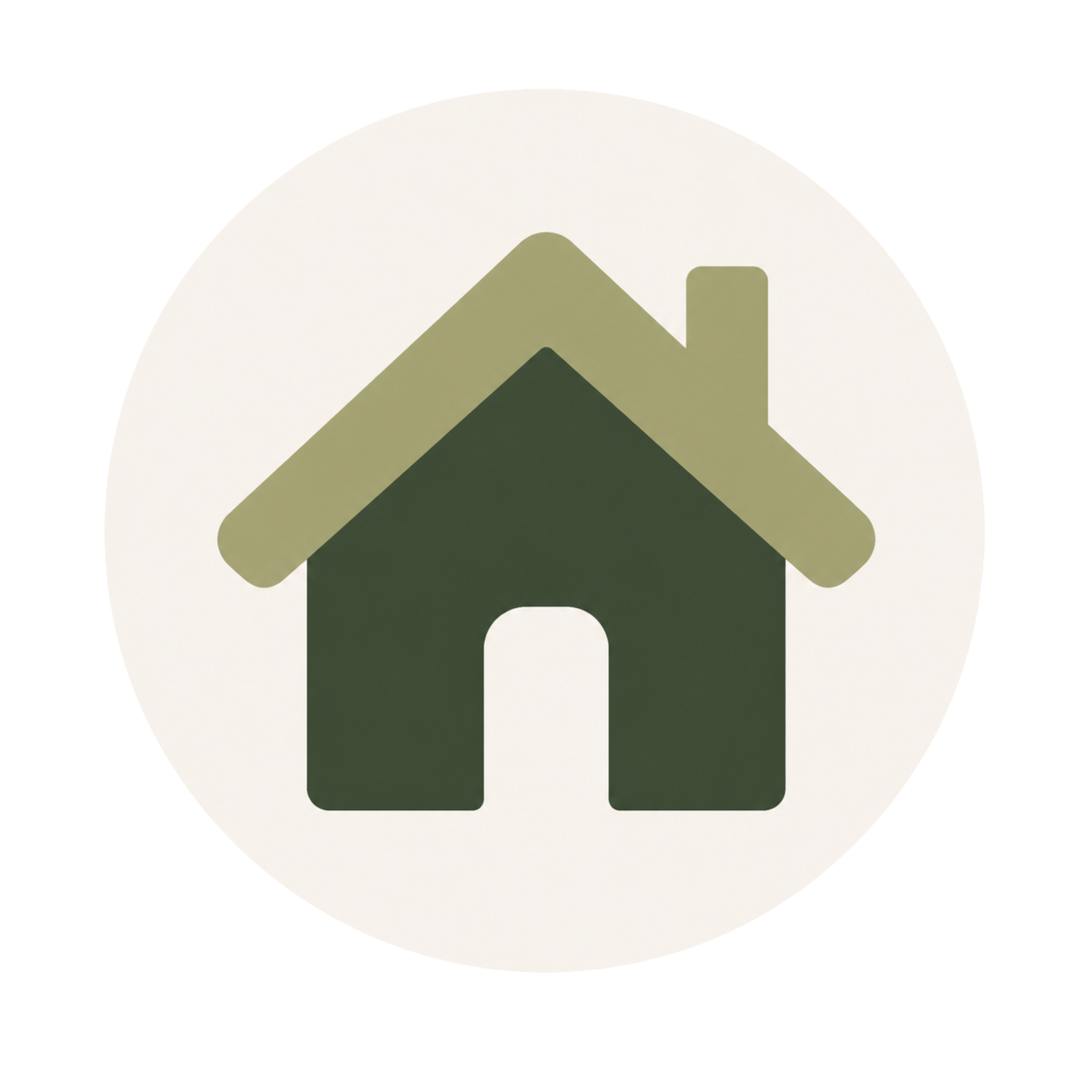 Icon of a house with a roof, window, and door, depicted in shades of green, set within a white circle.
