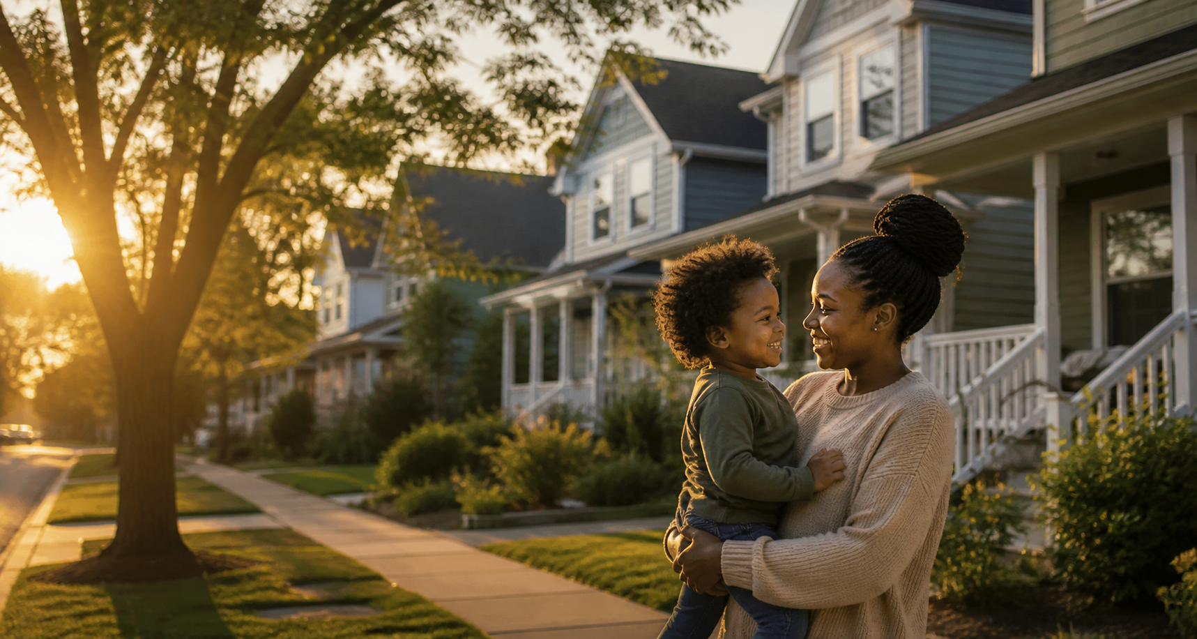 A woman holding a young boy in her arms, smiling at each other on a residential sidewalk during sunset. There are houses, trees, and well-kept lawns in the background.